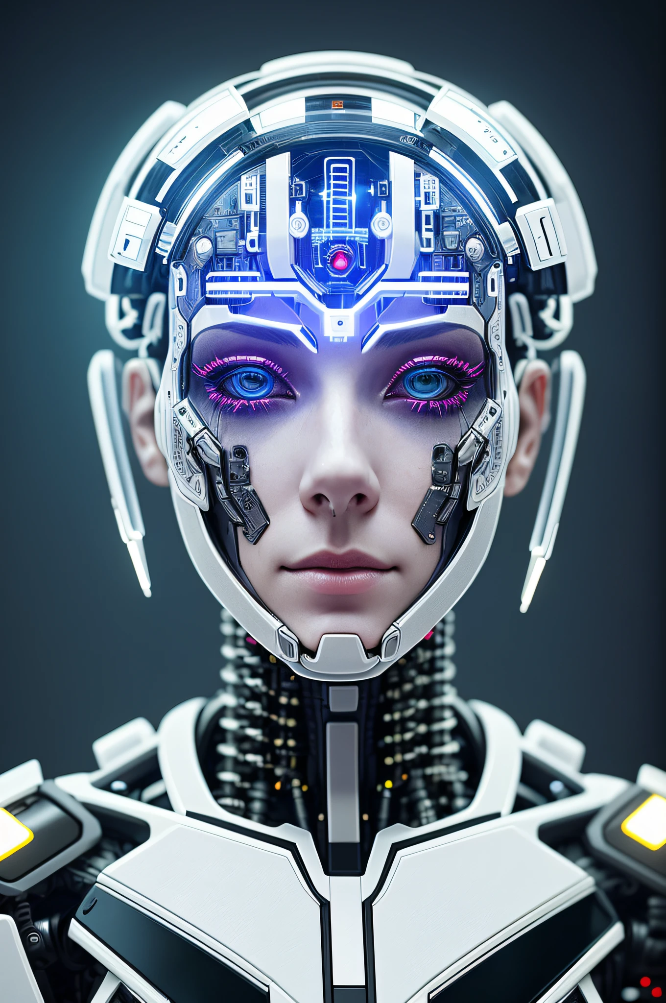 On-Head Humanoid Electronic Systems | Cyborg Woman | With a detailed brain you can see|  LED EYE DISPLAY SÍMBOLO ALERTA | Fio de cabo muscular Realistic skin| Biopunk | Cybernetics | Cyberpunk | Canon M50 | 100mm| Sharp Focus | | Hyperrealism | Very detailed| Intricate details