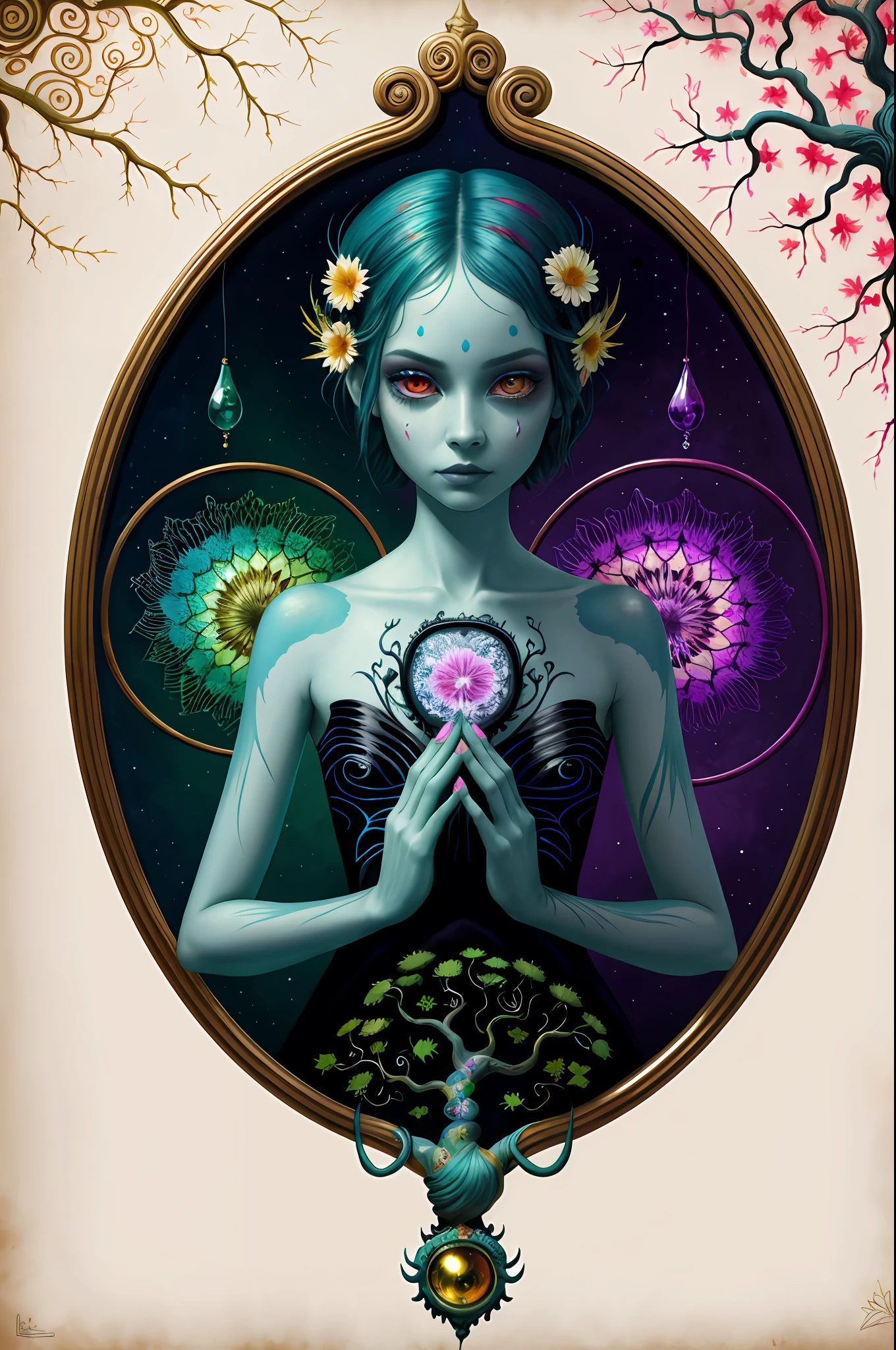 colorpop style, pointy hair, blue skin, natalie shau, mark ryden, alberto seveso, brooke shaden, anna dittmann, flora borsi, yin yang anthill, ant, lily, insect, fern, beautiful alien boy full body photo with oil painting, with thick brushstrokes and wet paint, fibonacci, golden ratio, melted wax, visible brush strokes, surrounded by crystal balls, 3D mosaic wireframe, neurographics, neurons, tree of life, color, love, passion, oil on canvas, thick brush strokes, crazy details, 8k uhd, masterpiece, art stand, surrealism