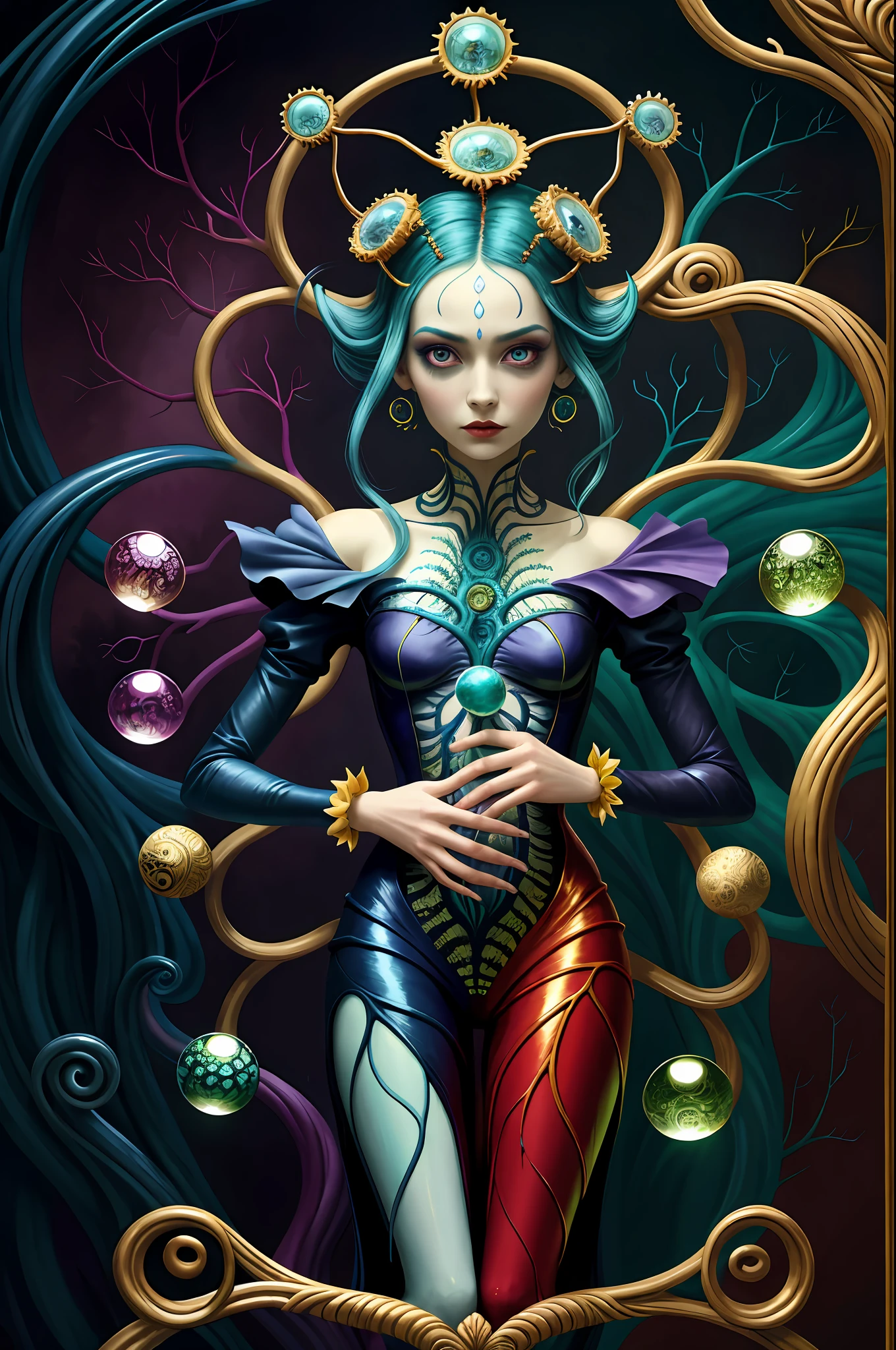 colorpop style, pointy hair, blue skin, natalie shau, mark ryden, alberto seveso, brooke shaden, anna dittmann, flora borsi, yin yang anthill, ant, lily, insect, fern, beautiful alien boy full body photo with oil painting, with thick brushstrokes and wet paint, fibonacci, golden ratio, melted wax, visible brush strokes, surrounded by crystal balls, 3D mosaic wireframe, neurographics, neurons, tree of life, color, love, passion, oil on canvas, thick brush strokes, crazy details, 8k uhd, masterpiece, art stand, surrealism