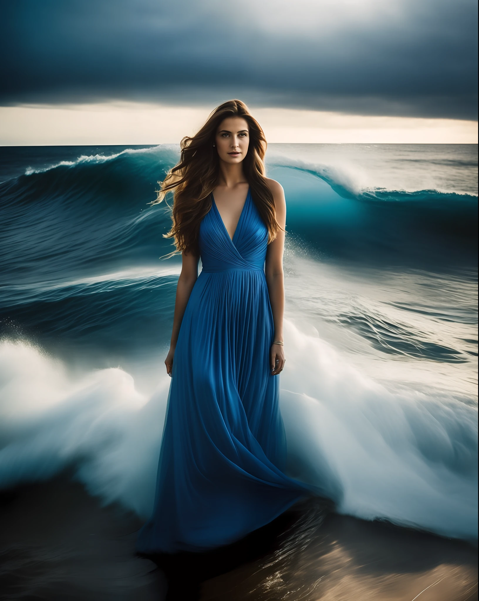 Masterpiece, best quality, photography, film still, Split lighting portrait of a woman with long wavy hair, blue dress, in the sea, waves at half height