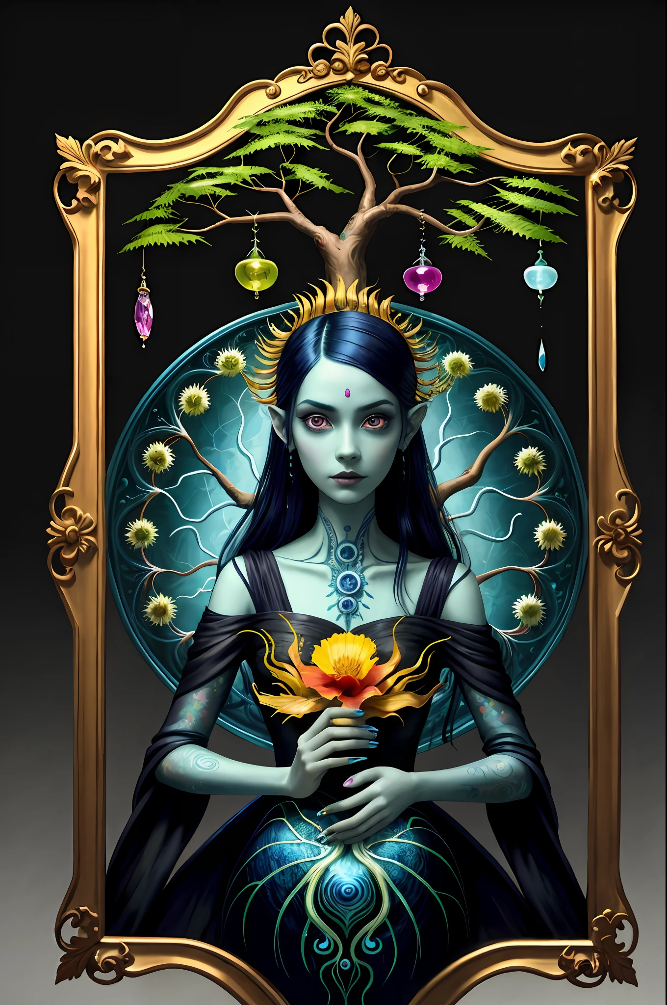 colorpop style, pointy hair, blue skin, natalie shau, mark ryden, alberto seveso, brooke shaden, anna dittmann, flora borsi, yin yang anthill, ant, lily, insect, fern, beautiful alien boy full body photo with oil painting, with thick brushstrokes and wet paint, fibonacci, golden ratio, melted wax, visible brush strokes, surrounded by crystal balls, 3D mosaic wireframe, neurographics, neurons, tree of life, color, love, passion, oil on canvas, thick brush strokes, crazy details, 8k uhd, masterpiece, art stand, surrealism