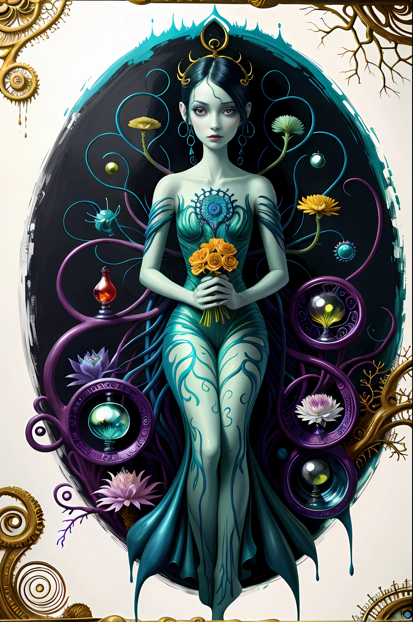 colorpop style, pointy hair, blue skin, natalie shau, mark ryden, alberto seveso, brooke shaden, anna dittmann, flora borsi, yin yang anthill, ant, lily, insect, fern, beautiful alien boy full body photo with oil painting, with thick brushstrokes and wet paint, fibonacci, golden ratio, melted wax, visible brush strokes, surrounded by crystal balls, 3D mosaic wireframe, neurographics, neurons, tree of life, color, love, passion, oil on canvas, thick brush strokes, crazy details, 8k uhd, masterpiece, art stand, surrealism