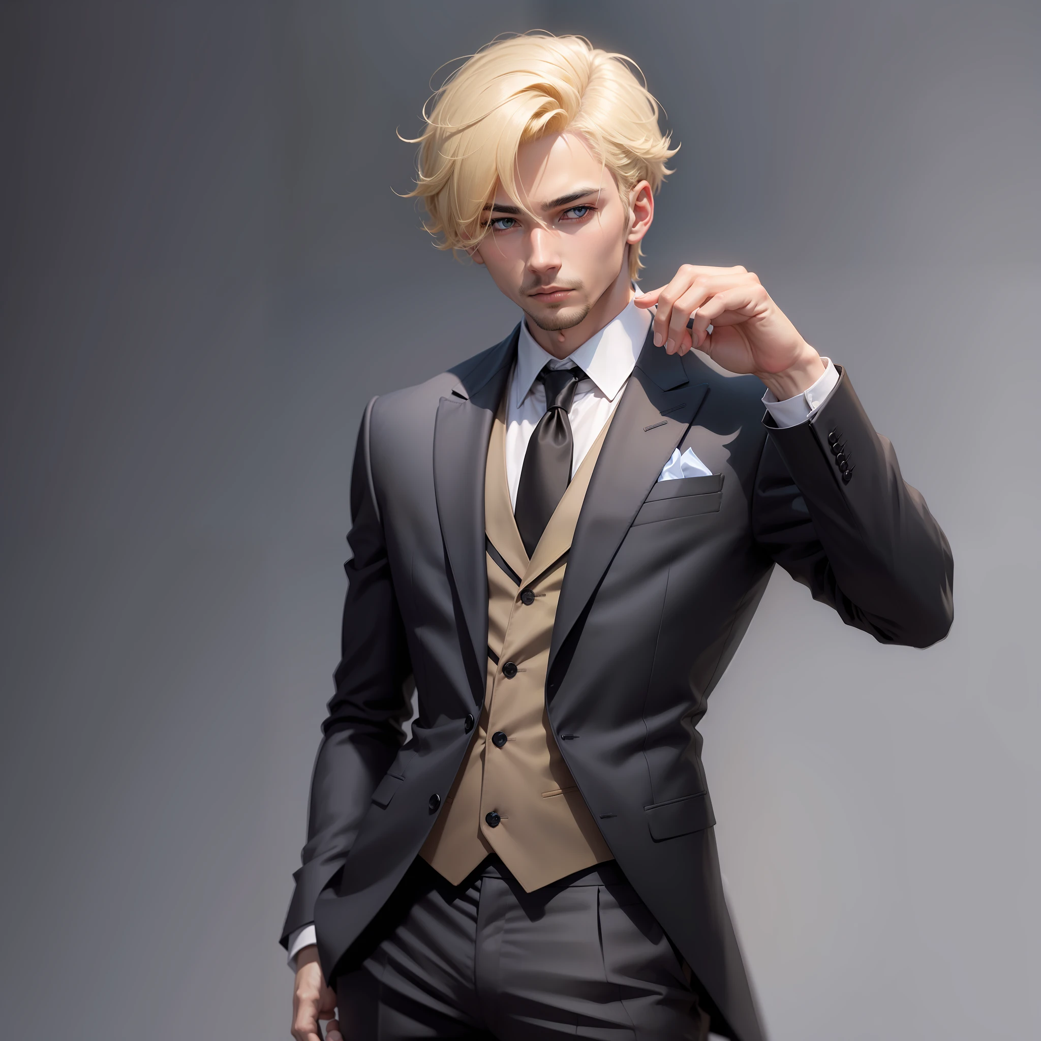 A man, short hair, blonde hair, black suit