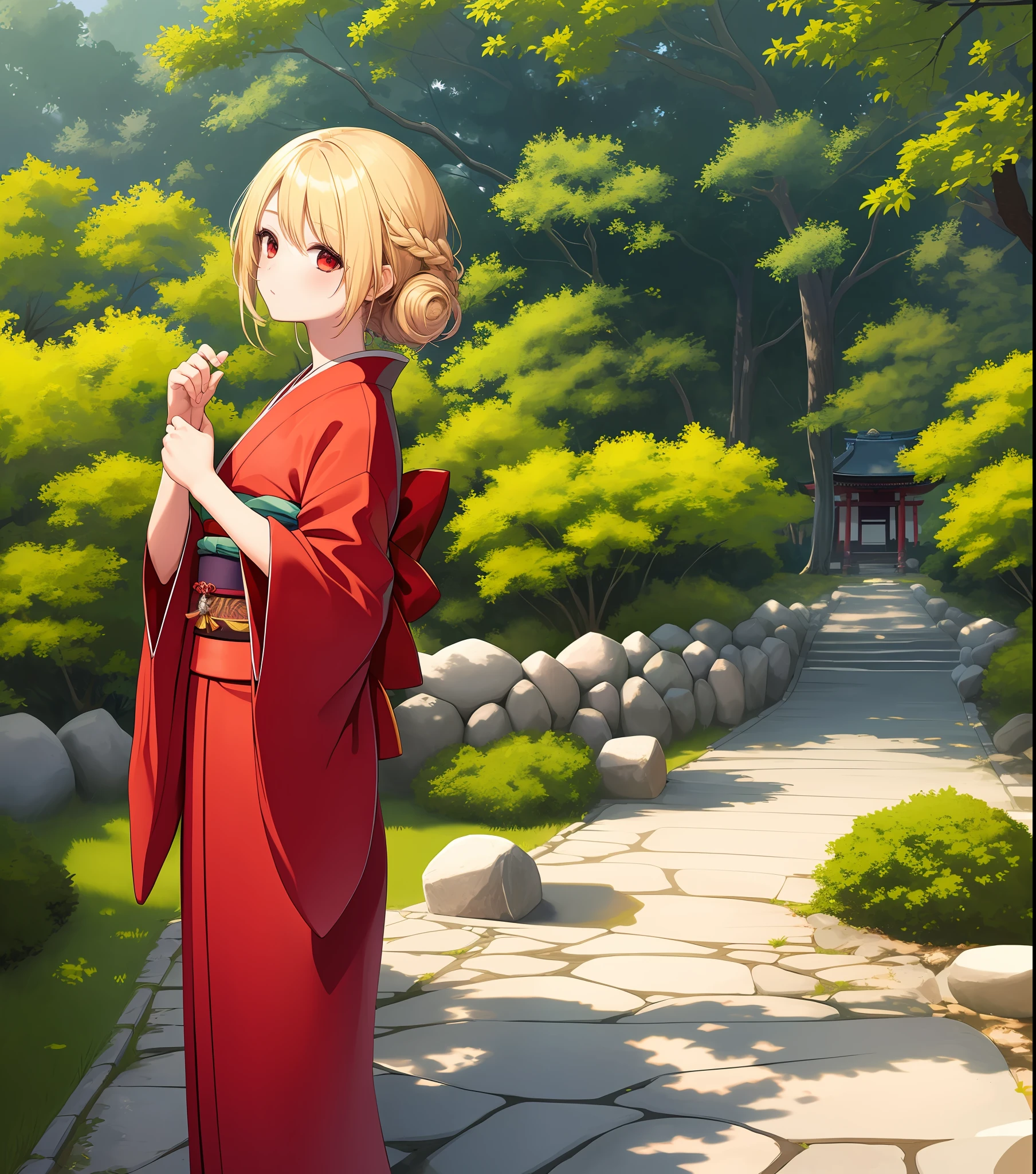masterpiece, best quality, one girl, solo, one girl, blonde hair, red eyes, braid, middle chest, kimono,, temple, Japan, tree, outdoors,