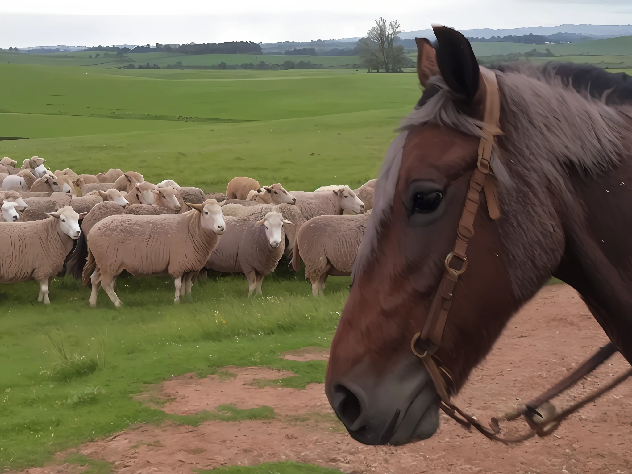 there is a horse that is standing in front of a herd of sheep, looking straight to camera, peering over from his heavy, looking straight to the camera, horse in background, cheeky!!!, looking smug, looking towards the camera, looking to the right, green pastures stretch for miles, looking straight ahead, over-shoulder shot, looking straight, toward to the camera