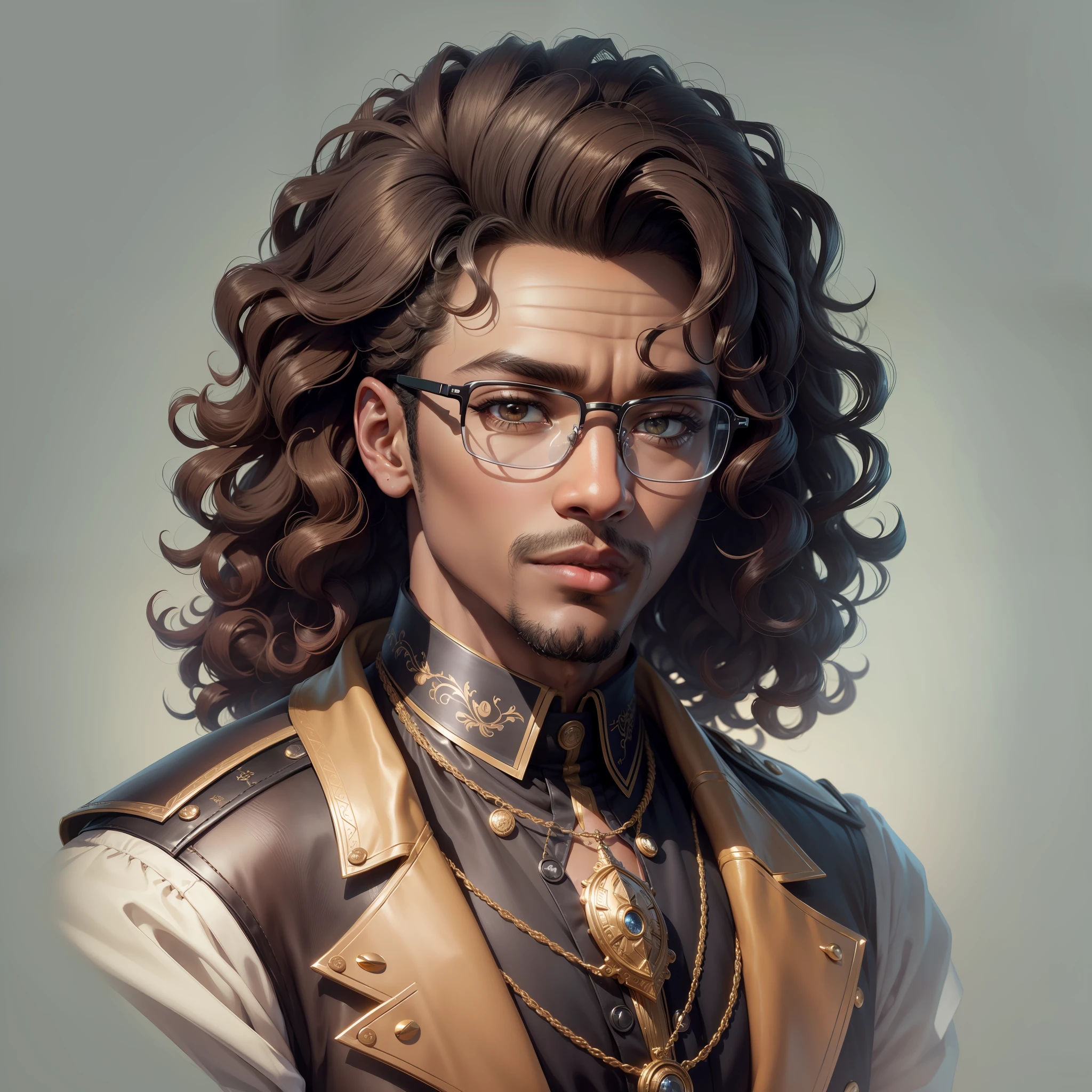 ((top quality, 8k, masterpiece: 1.3)) 1 man, large: 1.3: curly hair, prescription glasses, ultra detailed face, highly detailed lips, detailed eyes, double eyelids (dark skin, black)
