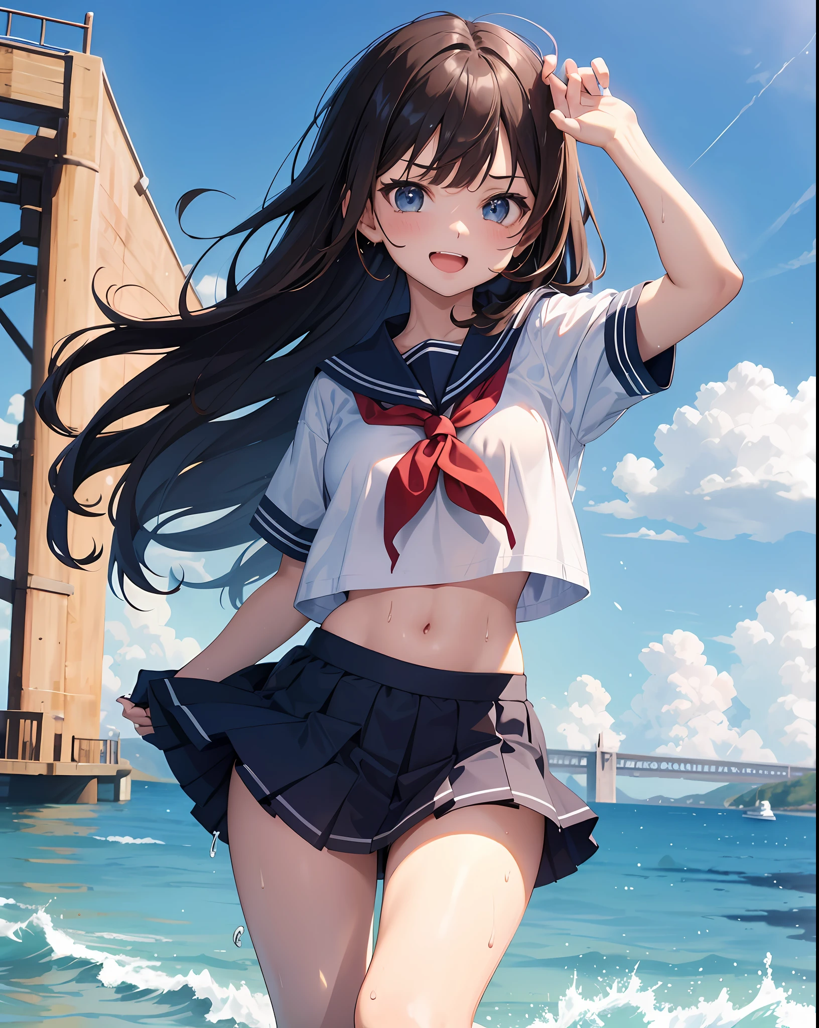 1ung_tegirl, loli, own_hair, medium_bob_hair, blue_midriff_baring_sailor_uniform, mini_skirt, short_sleeve, thighs, large_, angry, smile, open_mouth, standing, harbor_background, slightly_spread_legs, happiness, NSFW, short_gloves, wet,transparent,covered_nipples, covered_crotch