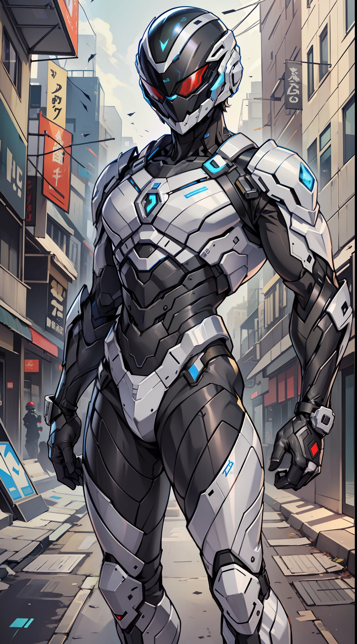 Design a new version of Jaspion with a totally modern and futuristic costume. The costume should keep the essence of the character, but with a contemporary design. The main color of the costume should be a bright red, with shiny black details. The suit's armor should be sleek and fit the Jaspion's body, providing mobility without compromising its stamina.
The Jaspion helmet should have a modern look, with holographic visors that enhance your eyes and protect your identity. Displays can display tactical information and analyze the surrounding environment.
