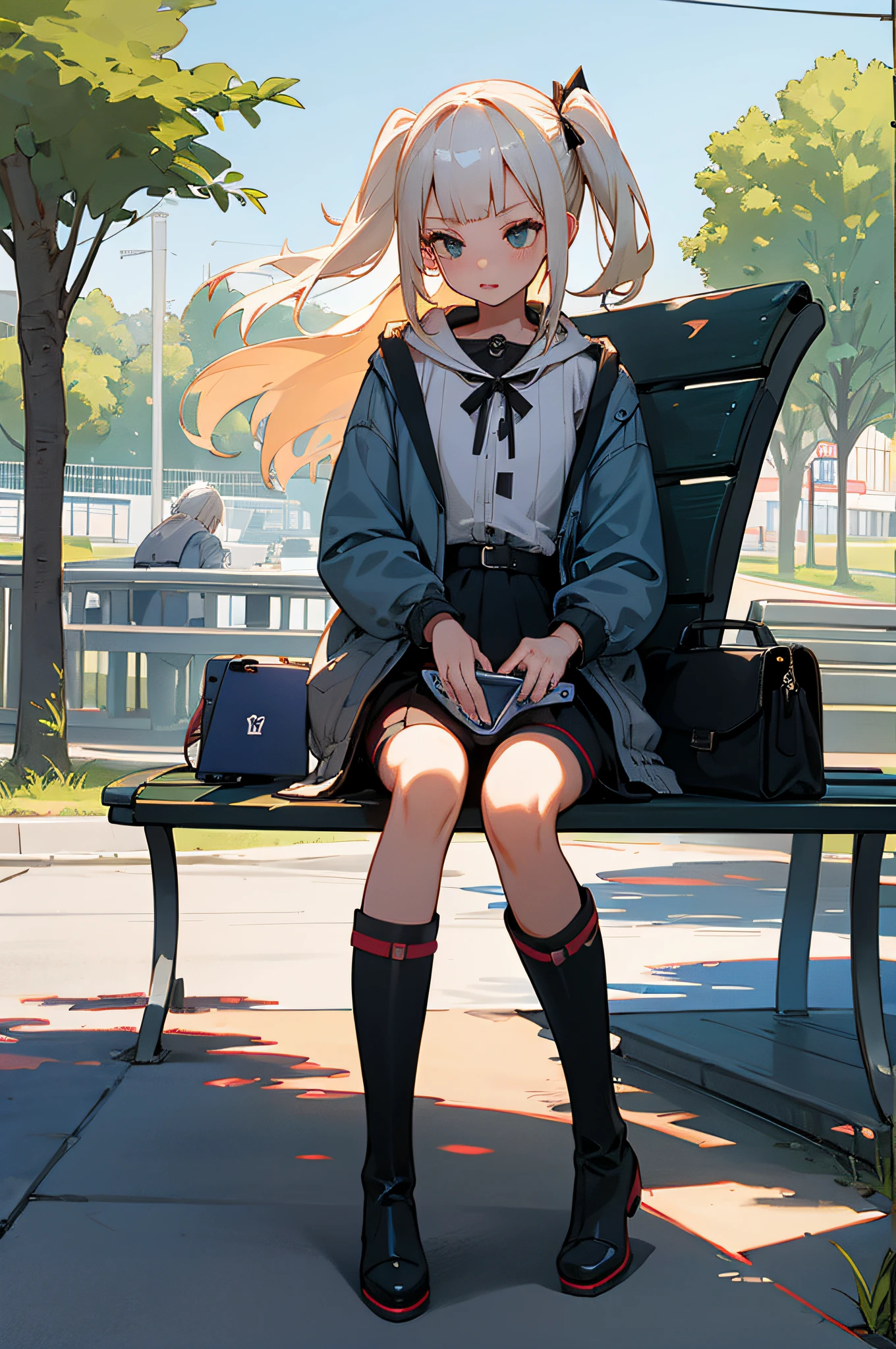 1girl,cute girl,platinum blonde hair, two side up,,,black short boots, full body, outdoor, lakeside, dof,holding nintendo switch, game concole,park bench,