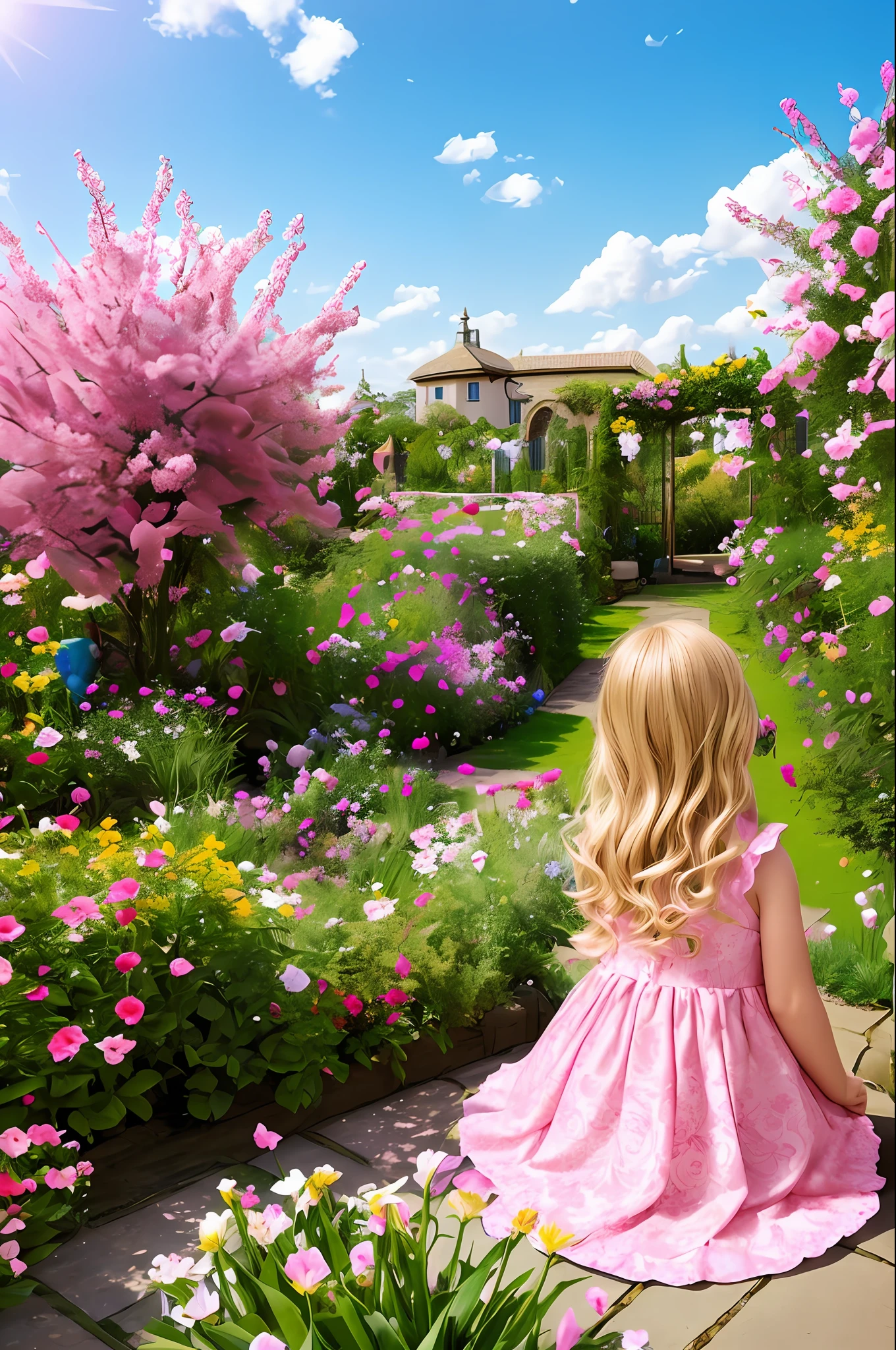 A girl 8 blonde child,piincess dress,in a garden full of flowers,sunny day,is looking at the sky,praying,sitting in wheelchair