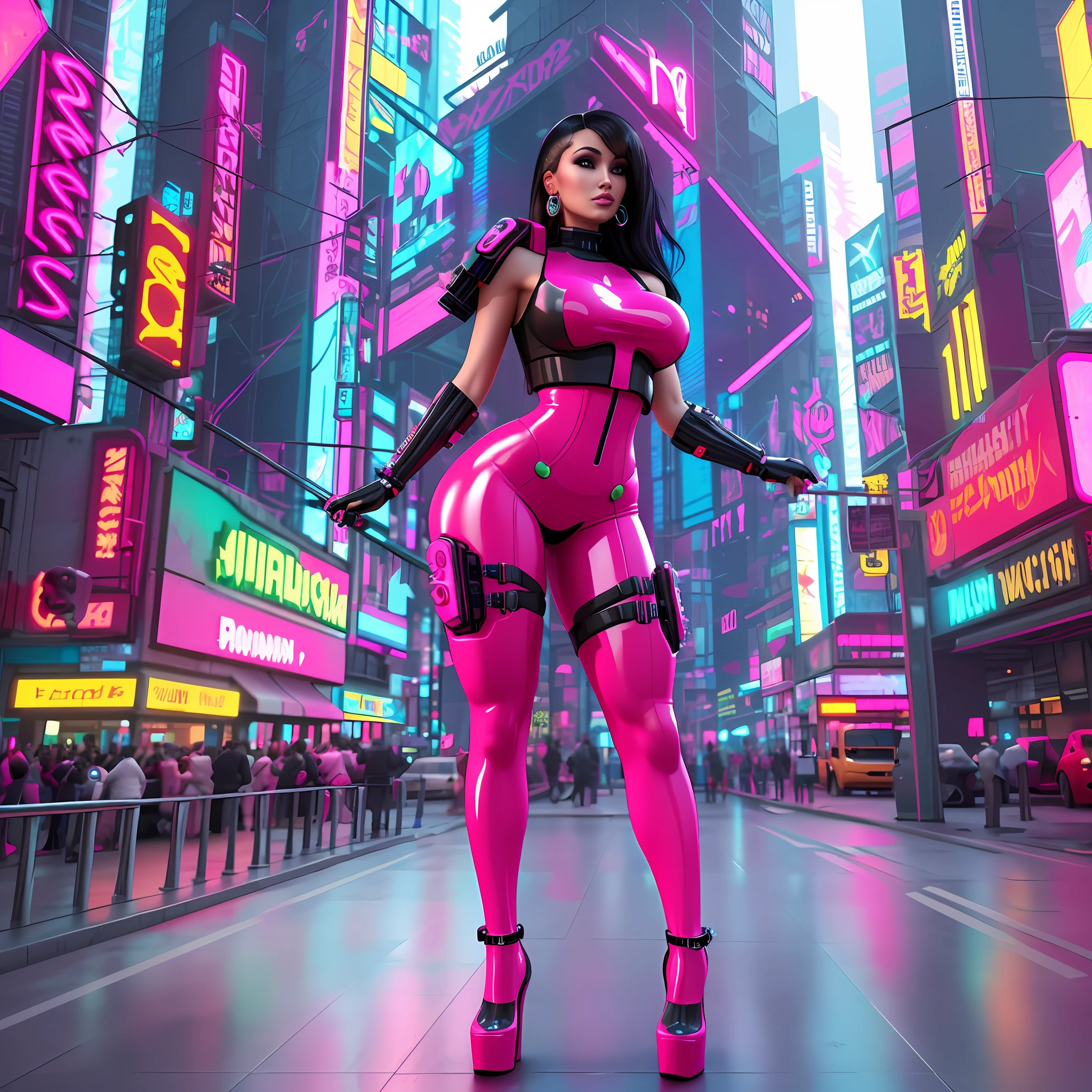 Sexy outfit with black hair and high heels, colorful city lighting, 3 d render character art 8 k, thick, cyberpunk vibrant colors, in a futuristic cyberpunk city, nicki mina...j curvy, in a cyberpunk city, bubblegum body, cyberpunk art ultrarealistic 8k, 3 d render stylized, dreamy colorful cyberpunk colors