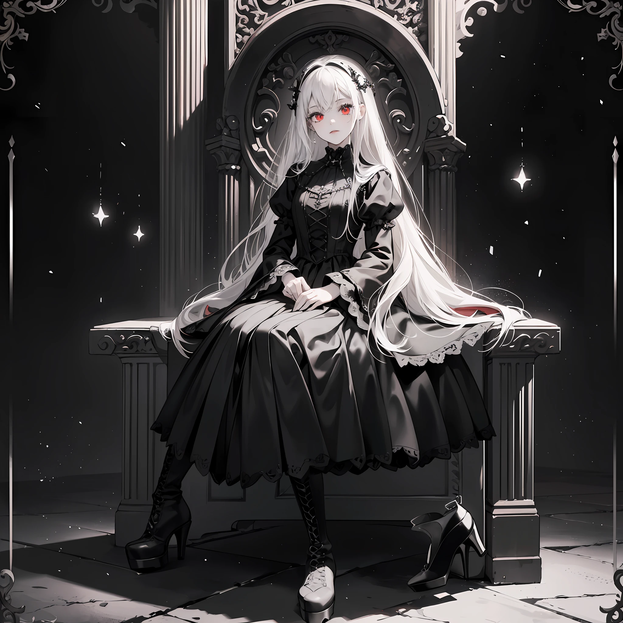 (Best Piece), (Super High Quality), (Gothic Clothes + Black & White + Monochrome: 1.3 + Red eyes: 1.2), (Seated Girl: 1.3), Shoes are witchy platform boots, fantastic and unique world, The atmosphere is the world of the movie, the background is a dark wall.