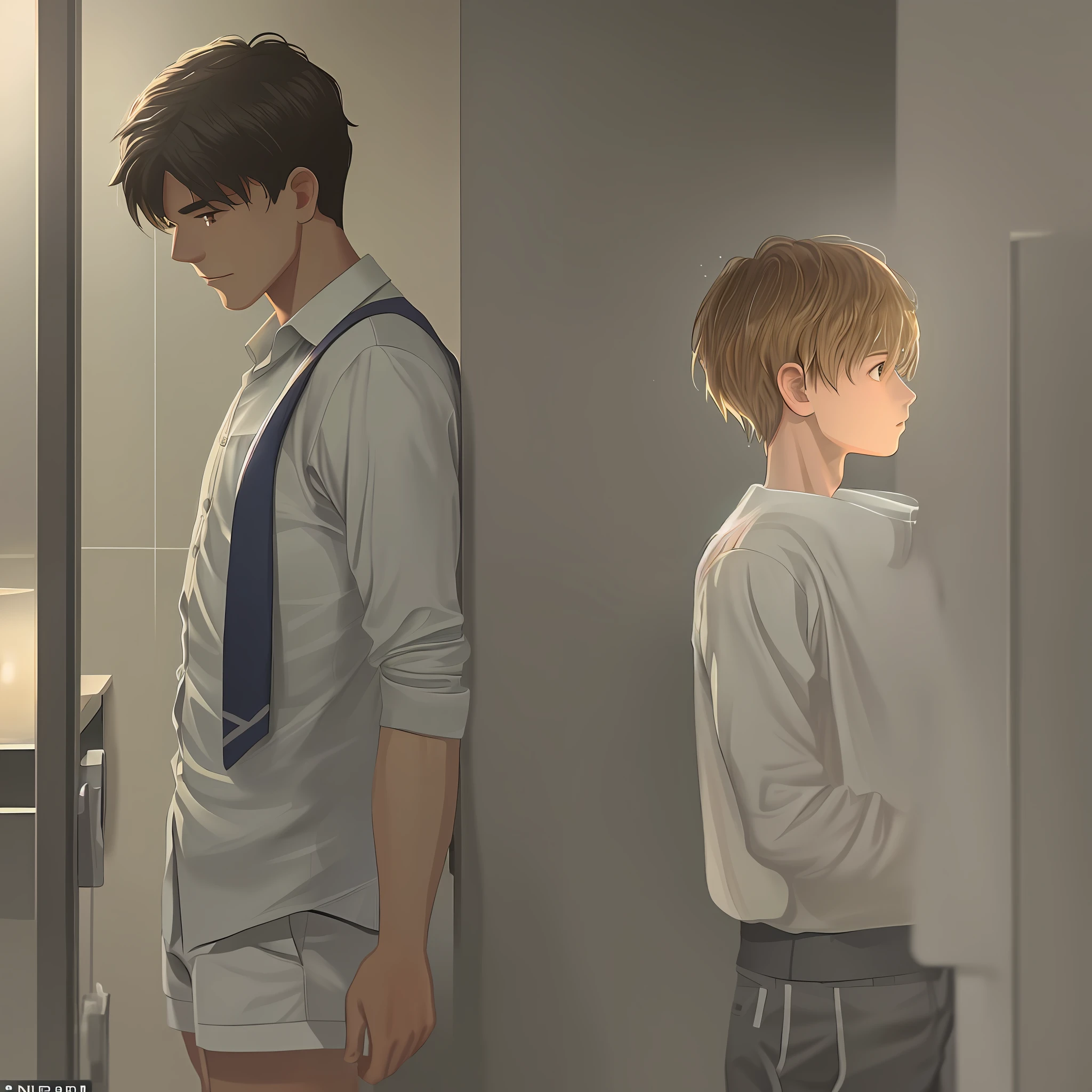 beautiful and young agers, from the West, semi-naked in a school only for men, with firm pectorals (schoolboy male: 1.6) with (school clothes, shorts: 1.2) and (without underwear: 1.4) and a sports school uniform, in the (men's dressing room, men's locker, showers: 1.2) (school walls: 1.2) (school furniture: 1.2), (school carpet: 1.2), (rich: 1.4), (erotic: 1.2), sensual, lascivious masculine, seductive, exciting, submissive, domineering, fearful, disturbing, perversely sexual, sexy, only men, (romantic: 1.2), moody and atmosphere with luminous background, lens rich colors realistic texture hyperrealistic spectacular lighting based on a bathroom with unreal engine, cinestill 800 t eastmancolor, (bokeh spotlight, golden hour illumination: 1.2) (UHD 32K color photo: 1,6),(dark studio, edge lighting, two-tone lighting, dim lighting, low key: 1.6; Gay Art