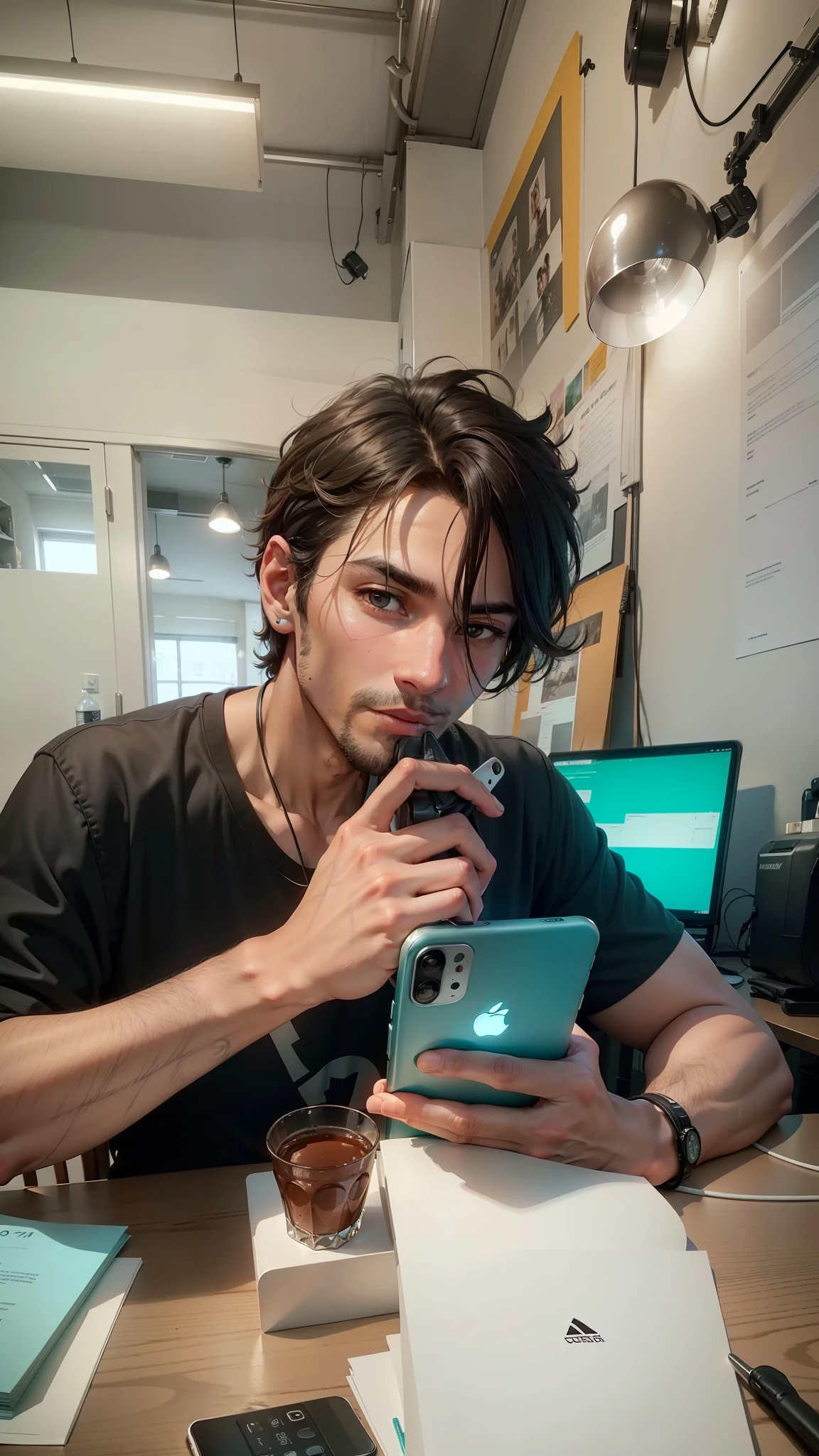 There's a man sitting at a table with a cell phone in his hand, dark hair piercing brown eyes, studio lights and shadows,