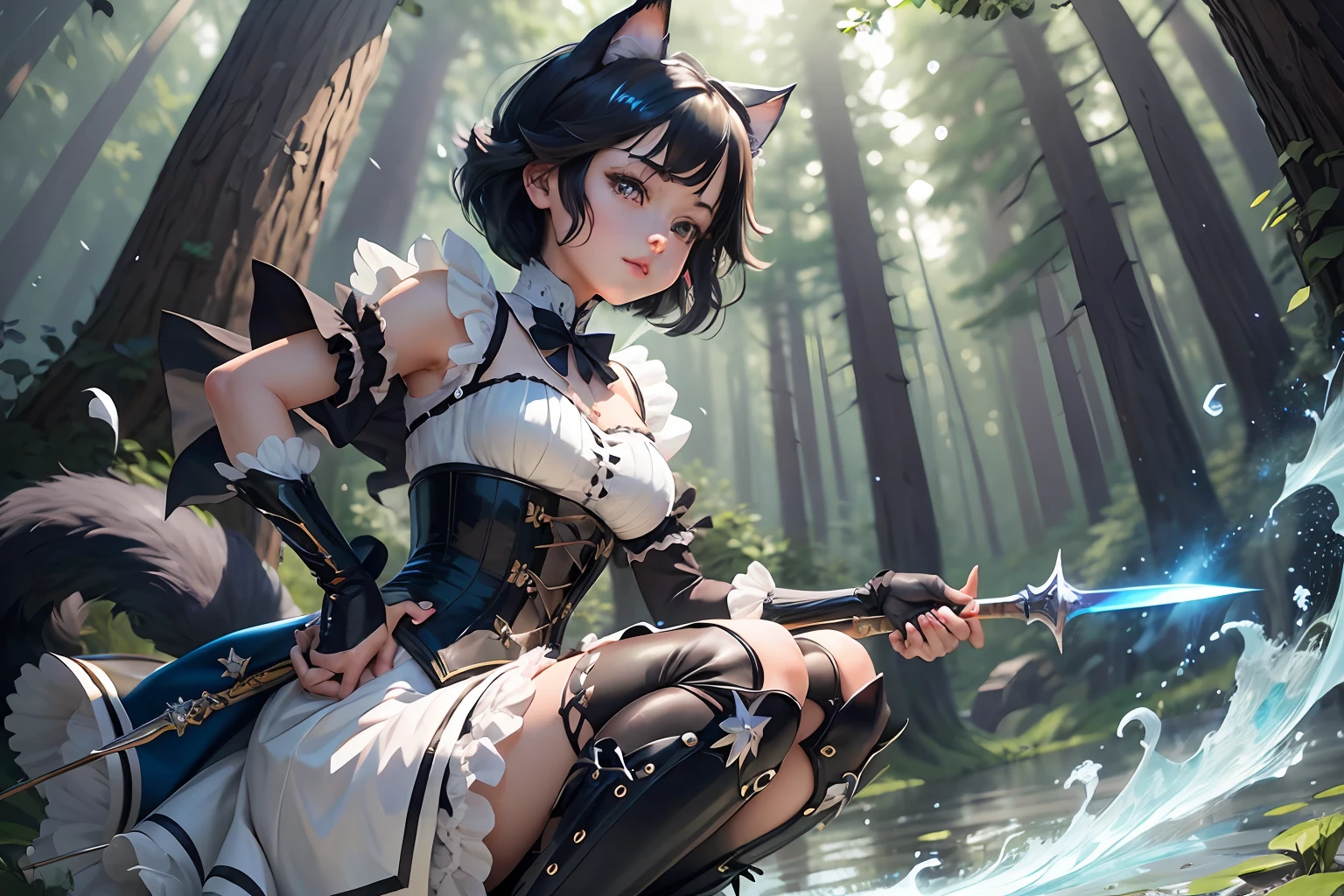 Best quality ultra-detailed CG Unity 8k Wallpaper with an anime style and bokeh lighting. A girl wearing a white dress and black corset, holding a large magic zweihander sword, wearing long brown leather boots. The scene is dark with spots of light shining through the trees.anime style:1.3) anime girl with (black cat ears:1.2) and (black cat tail:1.2), (short black hair) in (dynamic pose), (blank expression), (sparkling blue eyes), 1girl, outfit --auto --s2