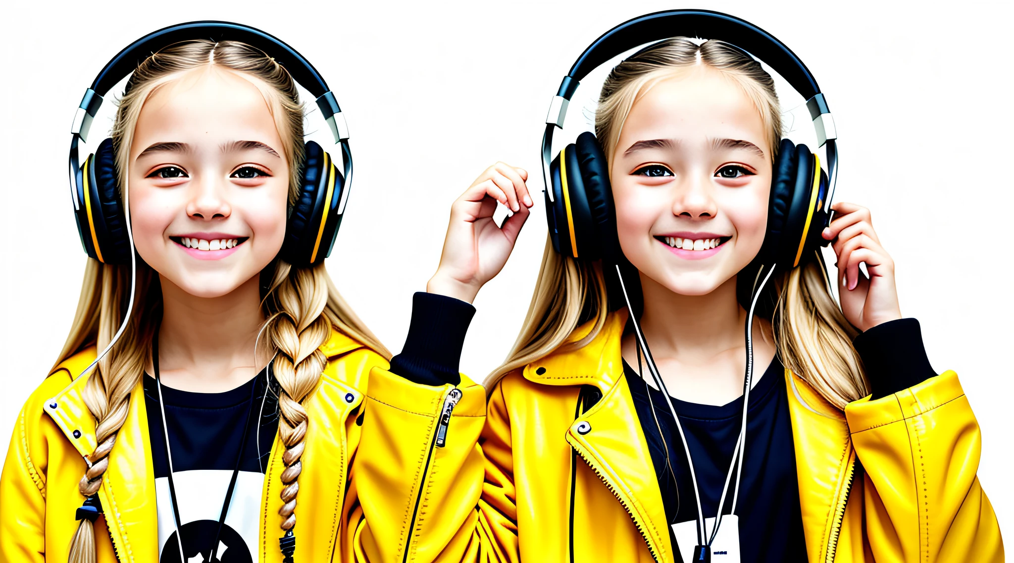 girl 12 years, blonde long hair of braids,portrait, with headphones and sunglasses, in smiling and holding hands up, YELLOW LEATHER JACKET, girl wearing headphones, listening to music, wearing headphones, with headphones, with headphones, wearing a headset, vibrating with music, listening to pious music, Using headphone jack, using headset for gaming, tinnitus, high quality portrait, headphones on, , digital art H 9 6 0,, (white background: 1.3).