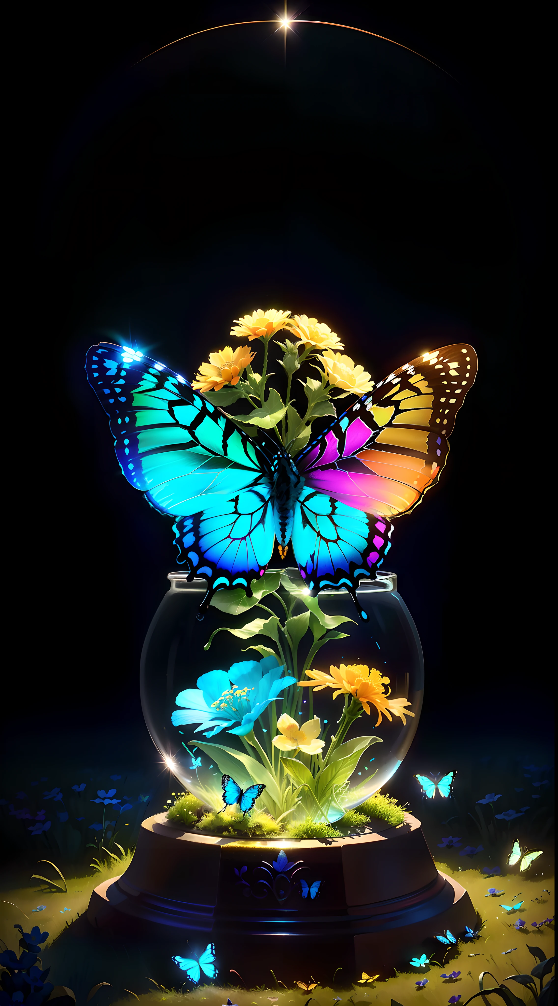 brightly colored butterflies in a glass bowl with flowers and grass, butterfly in jar, glowing butterflies, beautiful iphone wallpaper, amoled wallpaper, harmony of butterfly, colorful hd picure, butterfly lighting, glowing blue butterflies, beautiful digital art, beautiful art uhd 4 k, beautiful gorgeous digital art, very beautiful digital art, hd phone wallpaper, phone wallpaper hd, colorful glow