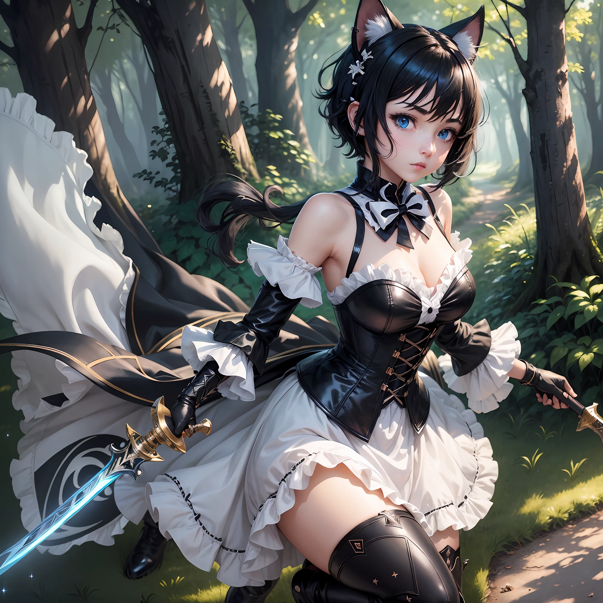 Best quality ultra-detailed CG Unity 8k Wallpaper with an anime style and bokeh lighting. A girl wearing a white dress and black corset, holding a large magic zweihander sword, wearing long brown leather boots. The scene is dark with spots of light shining through the trees.anime style:1.3) anime girl with (black cat ears:1.2) and (black cat tail:1.2), (short black hair) in (dynamic pose), (blank expression), (sparkling blue eyes), 1girl, outfit --auto --s2