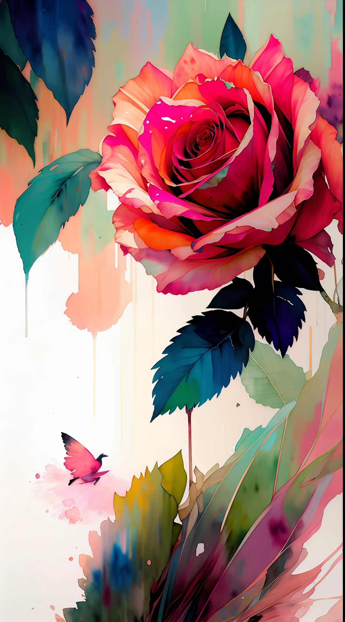 wtrcolor style, (rose) digital art, official art, blown by the wind, masterpiece, beautiful, ((watercolor)), paint splatter, intricate detail. Great detail, [dripping:0.7], Trending on Artstation, Rachel Walker