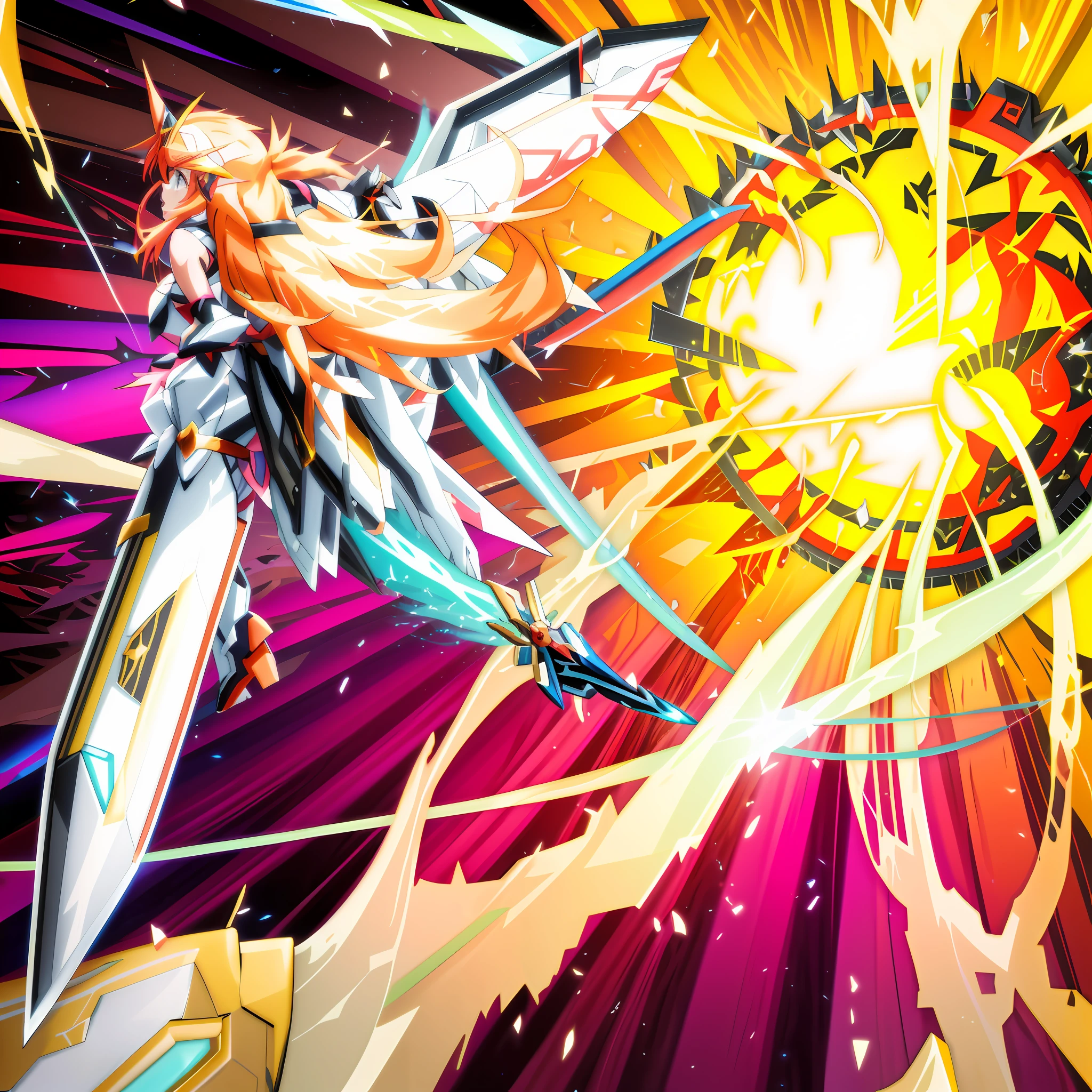 anime girl with sword and sword in front of a bright sun, symphogear, macross delta splash art, detailed key anime art, powering up aura, anime abstract art, angemon l sitting at the thrown, guilty gear strive splash art, flying anime esper, official artwork, official anime still, best anime 4k konachan wallpaper, macross delta