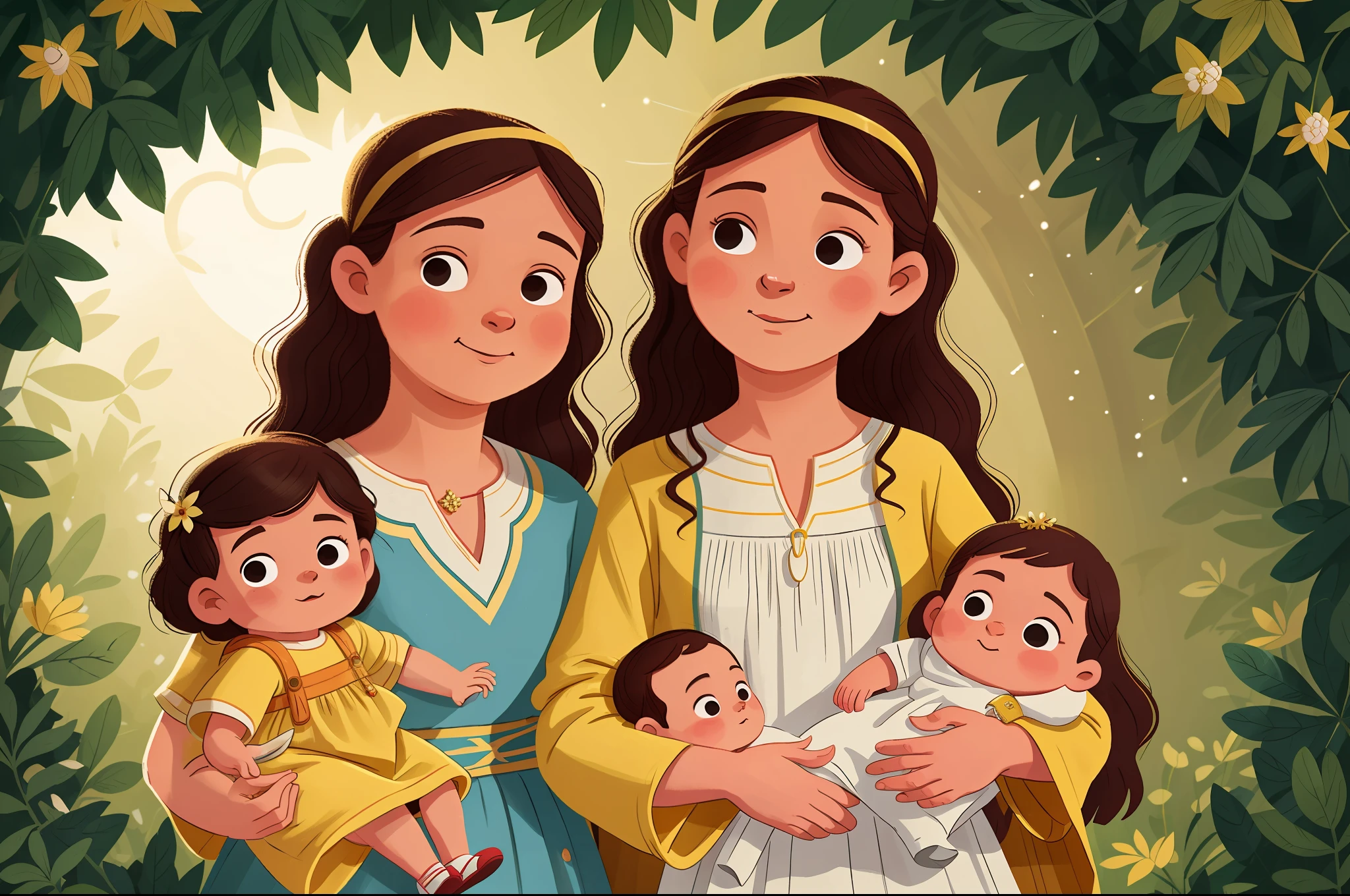 closeup, Santa Maria with baby Jesus in her arms, São José, Saint May is dressed in a dress and her hair is covered, Saint Joseph is dressed in a tunic typical of ancient Jews
