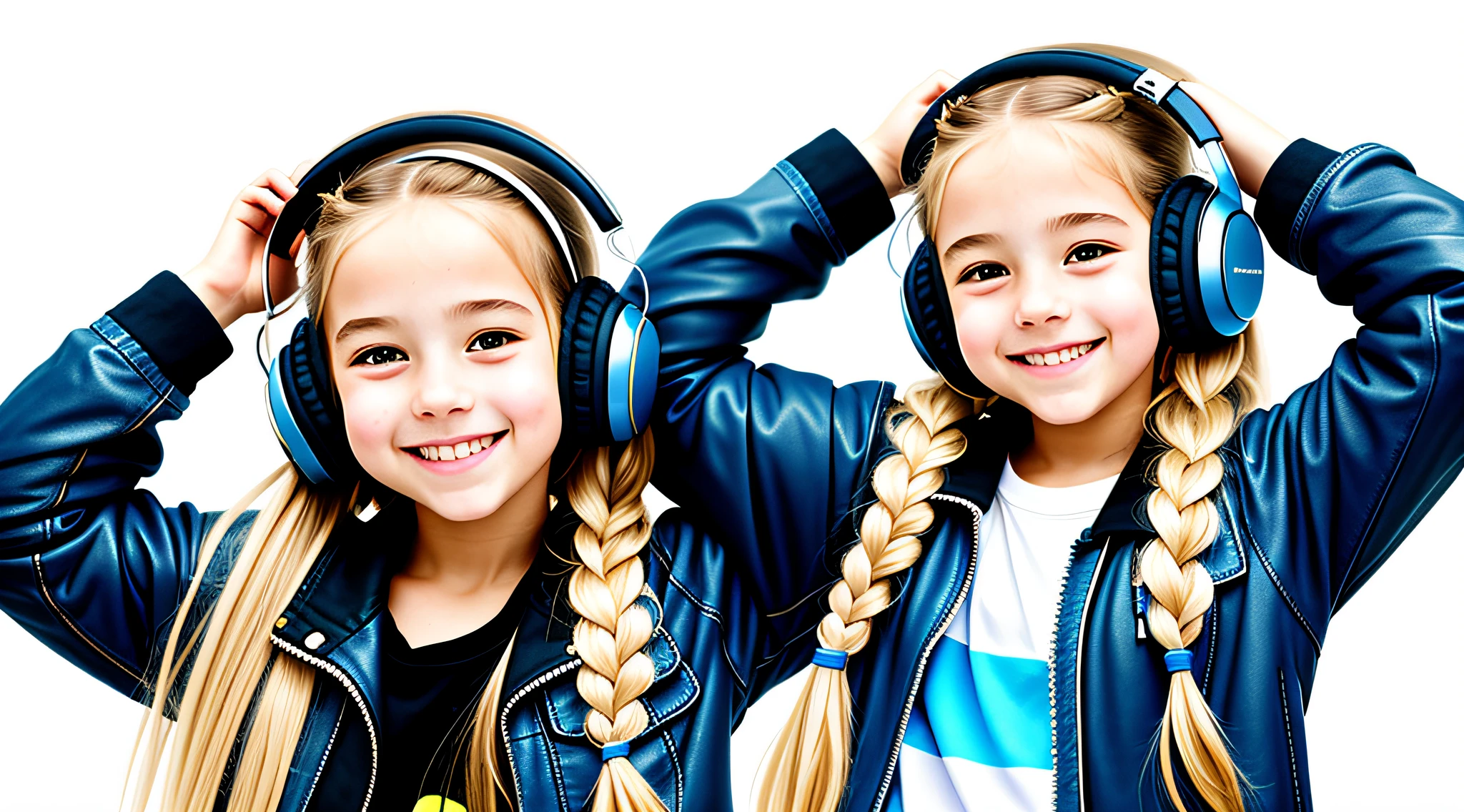 girl 12 years, blonde long hair of braids,portrait, with headphones and sunglasses, smiling and holding hands up, BLUE LEATHER JACKET, girl wearing headphones, listening to music, wearing headphones, with headphones, with headphones, wearing a headset, vibrating with music, listening to pious music,  Using headphone jack, using headset for gaming, tinnitus, high quality portrait, headphones on, , digital art H 9 6 0,, (white background: 1.3).