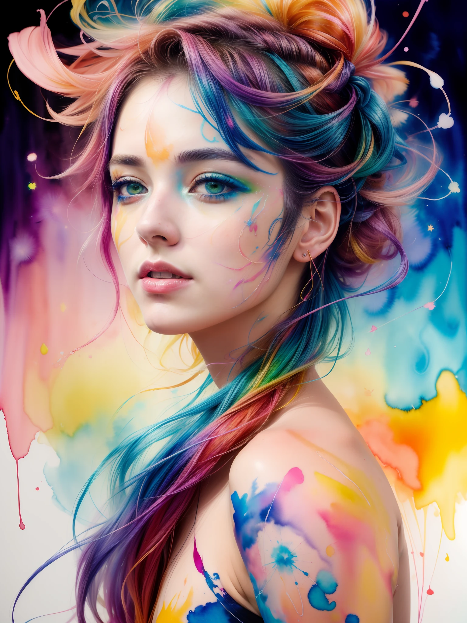 (8k, best quality, masterpiece:1.2),(best quality:1.0), (ultra highres:1.0), watercolor, a beautiful woman, shoulder, hair ribbons, by agnes cecile, half body portrait, extremely luminous bright design, pastel colors, (ink:1.3), autumn lights, technicolor, vibrant, Chemical, radioactive glow, Biohazard, abstract art by Petros Afshar, oversaturated
