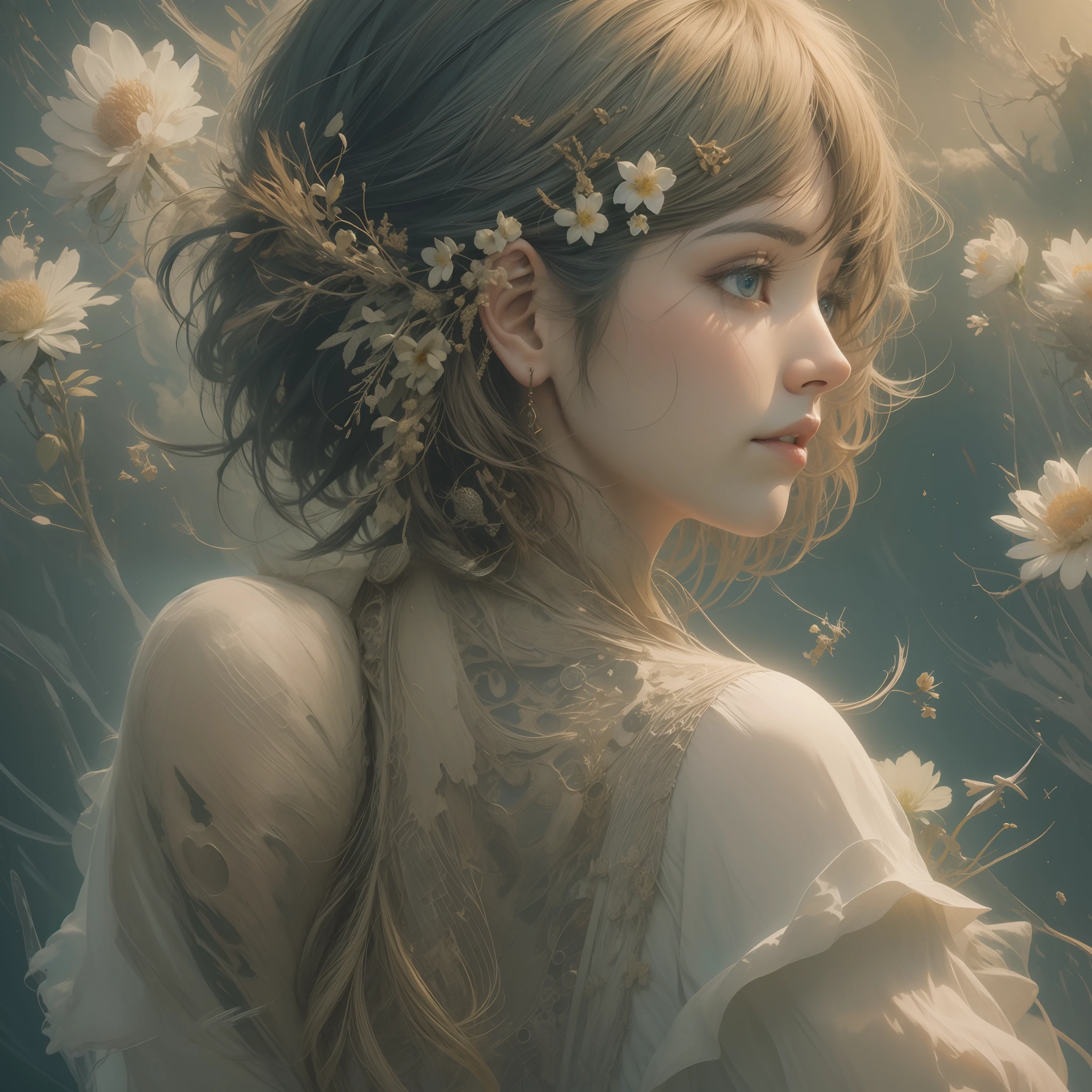 ((hyper detail)) (Real: 1.5), (Raw photo: 1.4), (Photorealistic: 1.3), (Masterpiece), Best Quality, Best Quality, Highly Detailed CG Unity 8k Wallpaper, Detailed and Intricate, Back View, Original, Miraculous Saint, Disturbed Space, Flowers, High Resolution, [:( Detail Face: 1.2): 0.2], Film Grain, (High Detail Skin: 0.9), 8k, Detailed Gradient Background, The morning of the beginning, from above