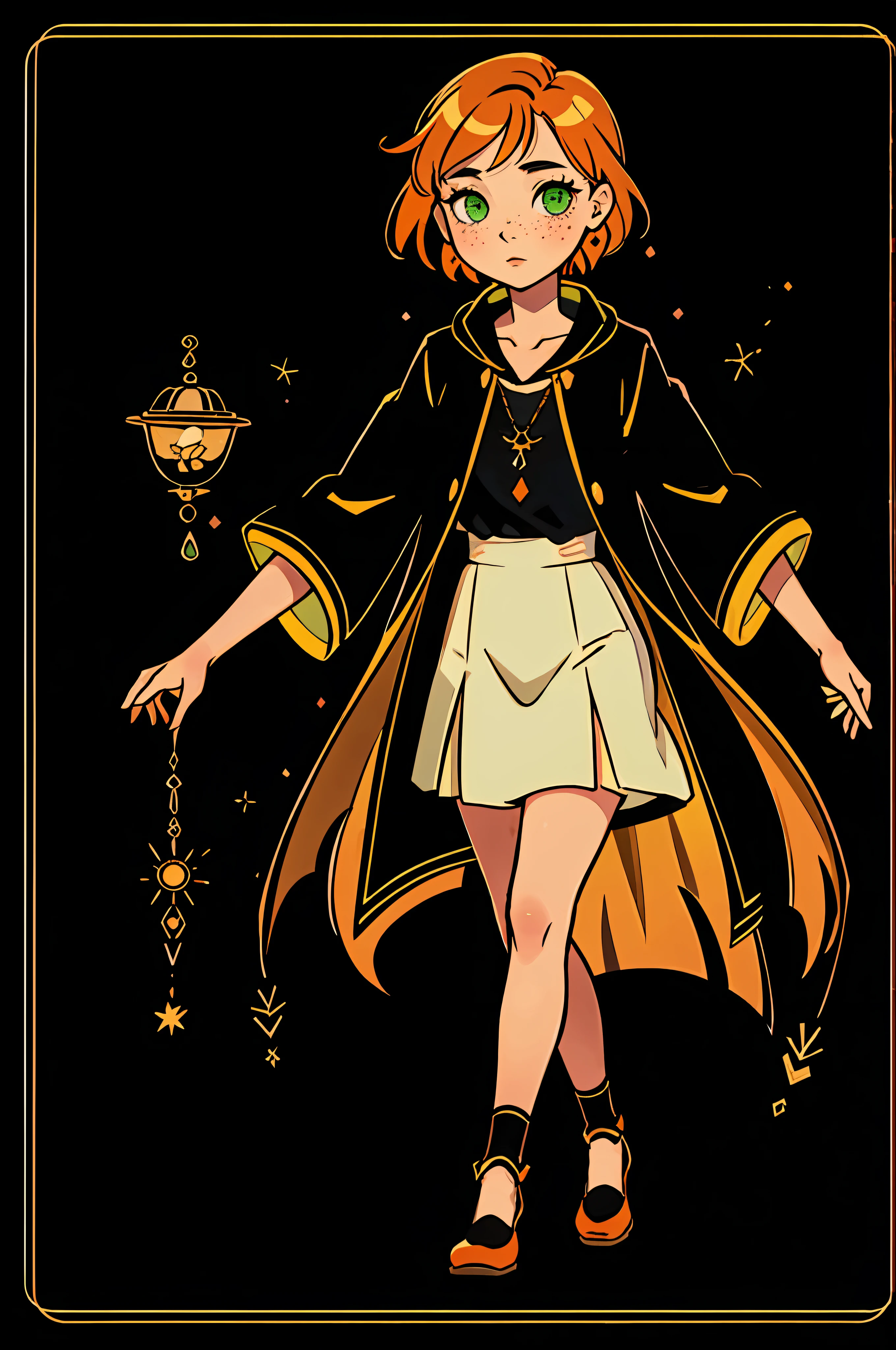 Soul map, line, (1girl), witch, green eyes, orange hair, freckles, ), very colorful image, spectacular choice of colors, lighting, deep lighting, focusing on the main details.