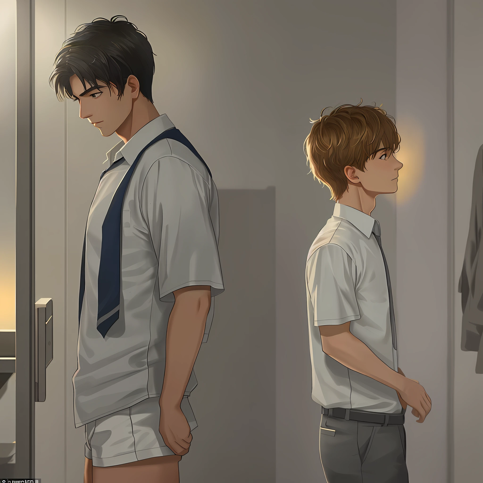 beautiful and young teenagers, from the West, semi-naked in a school only for men, with firm pectorals (schoolboy male: 1.6) with (school clothes, shorts: 1.2) and (without underwear: 1.4) and a sports school uniform, in the (men's dressing room, men's locker, showers: 1.2) (school walls: 1.2) (school furniture: 1.2), (school carpet: 1.2), (rich: 1.4), (erotic: 1.2), sensual, lascivious masculine, seductive, exciting, submissive, domineering, fearful, disturbing, perversely sexual, sexy, only men, (romantic: 1.2), moody and atmosphere with luminous background, lens rich colors realistic texture hyperrealistic spectacular lighting based on a bathroom with unreal engine, cinestill 800 t eastmancolor, (bokeh spotlight, golden hour illumination: 1.2) (UHD 32K color photo: 1,6),(dark studio, edge lighting, two-tone lighting, dim lighting, low key: 1.6; Gay Art