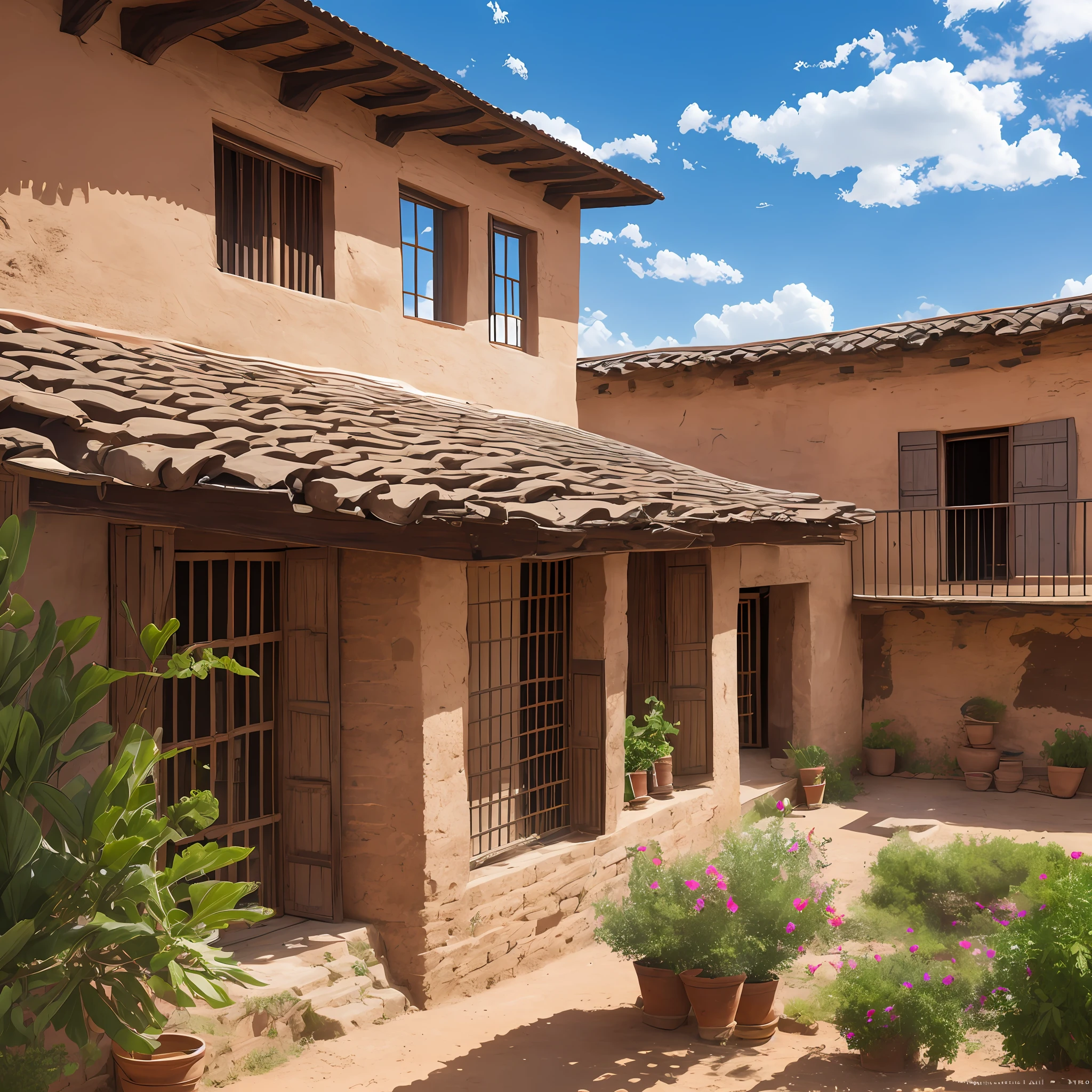 An old farmhouse, with large balconies, mud roof, adobe brick walls and windows with wooden shutters. --auto --s2