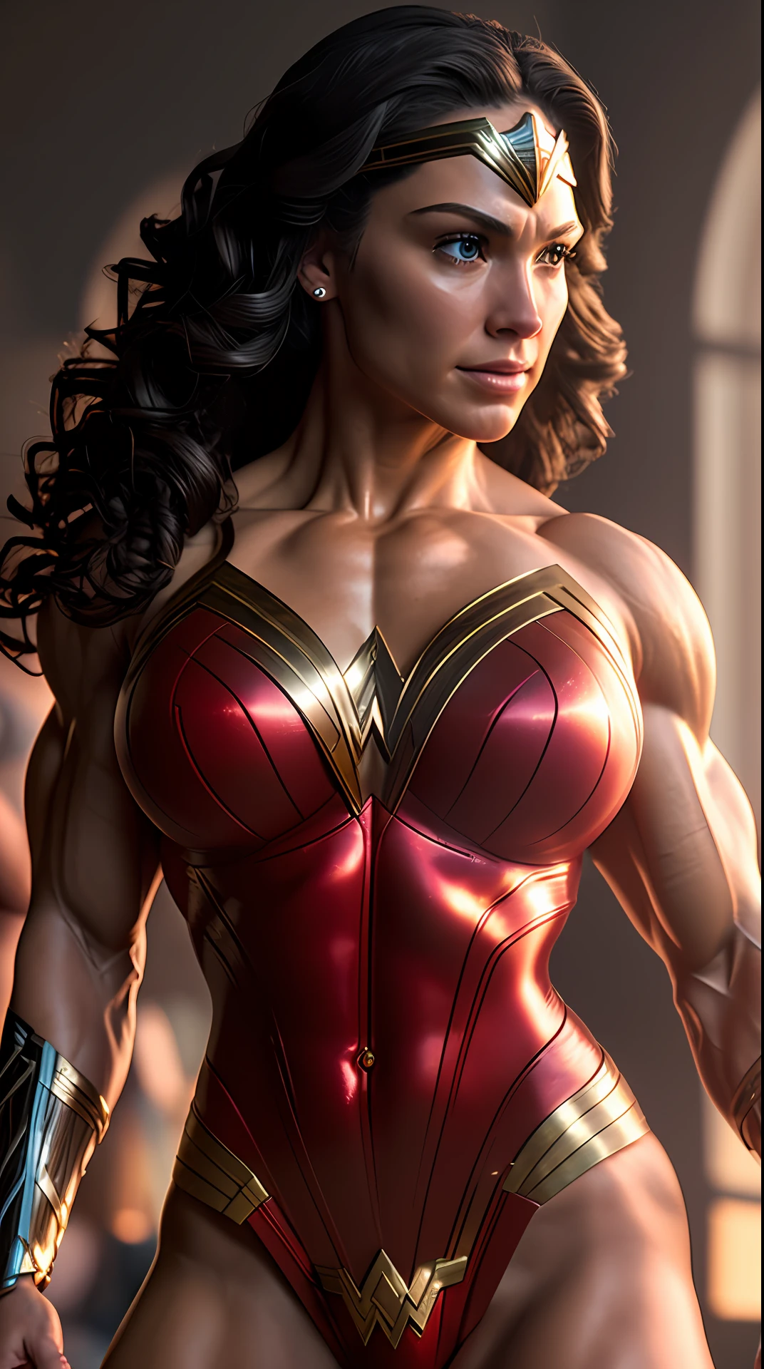 Cinematic soft lighting illuminates a stunningly detailed and ultra-realistic Wonder Woman bodybuilder, muscular that is trending on ArtStation. Octane is the perfect tool to capture the softest details of this 16k photography masterpiece