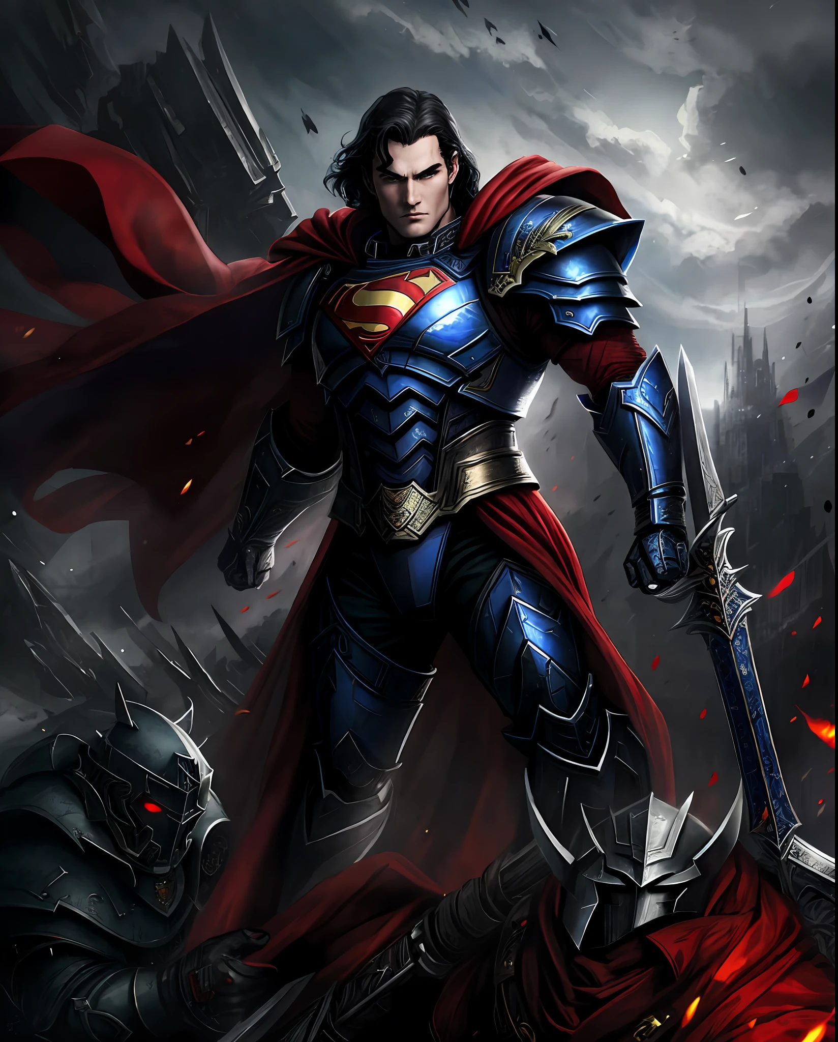 a man in armor with a sword and a red cape, by Arthur Pan, style of raymond swanland, by Yang J, g liulian art style, epic portrait of menacing, henry cavill as a space marine, inspired by Jim Lee, apocalypse art!!!!, epic masterpiece torment, superman, cyborg dc, by Yang Borun, dark supervillain
