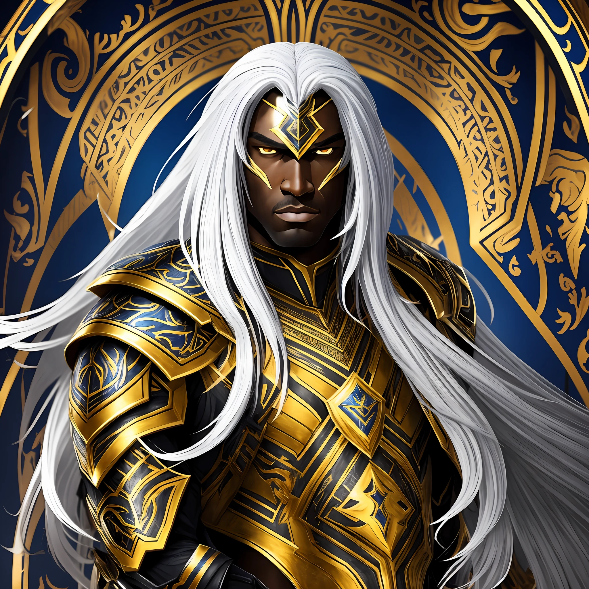 Tall black man, long white hair, golden eyes, blue and black armor --auto --s2