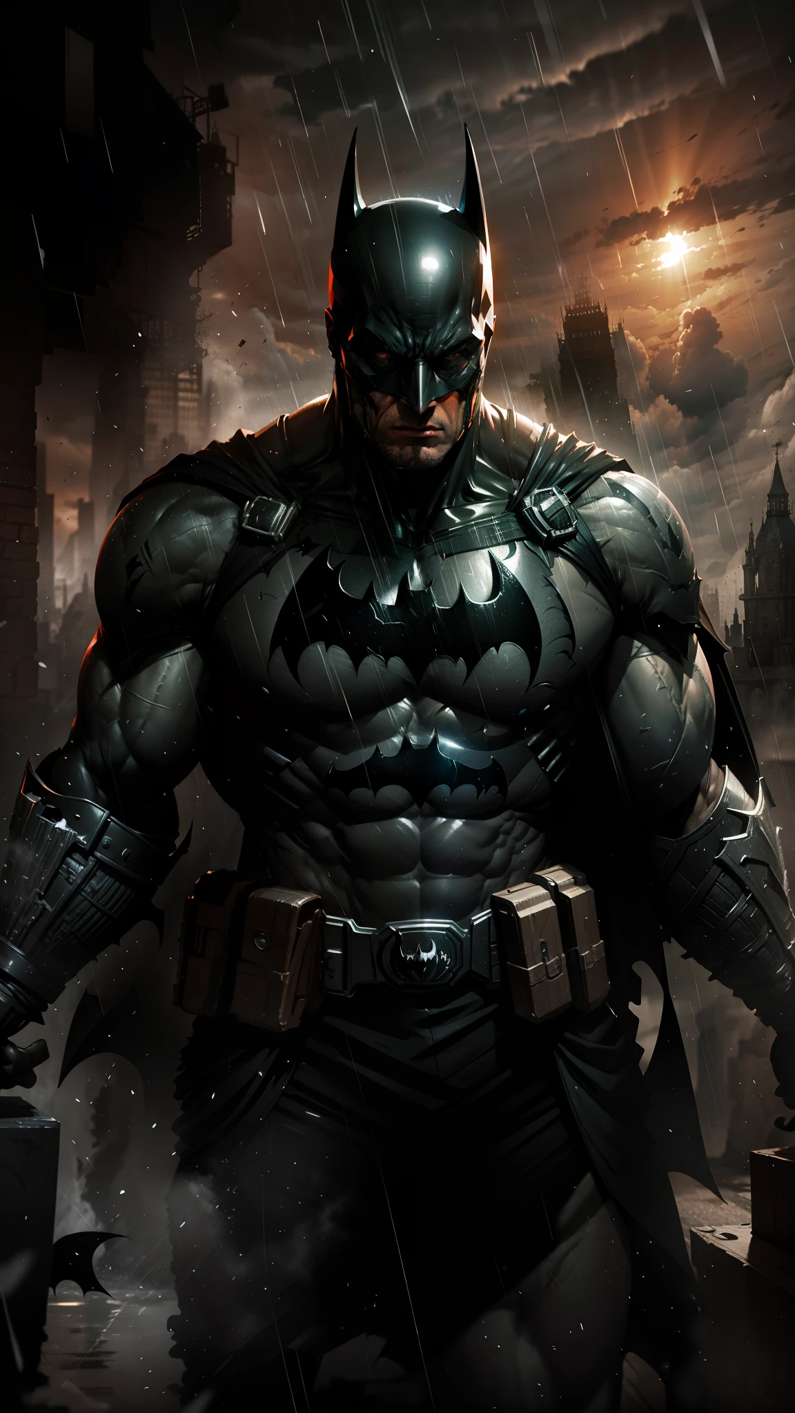 Batman, muscular, highly expressive and detailed face, looking at the viewer, heavy rain, unreal engine 5, 8k.