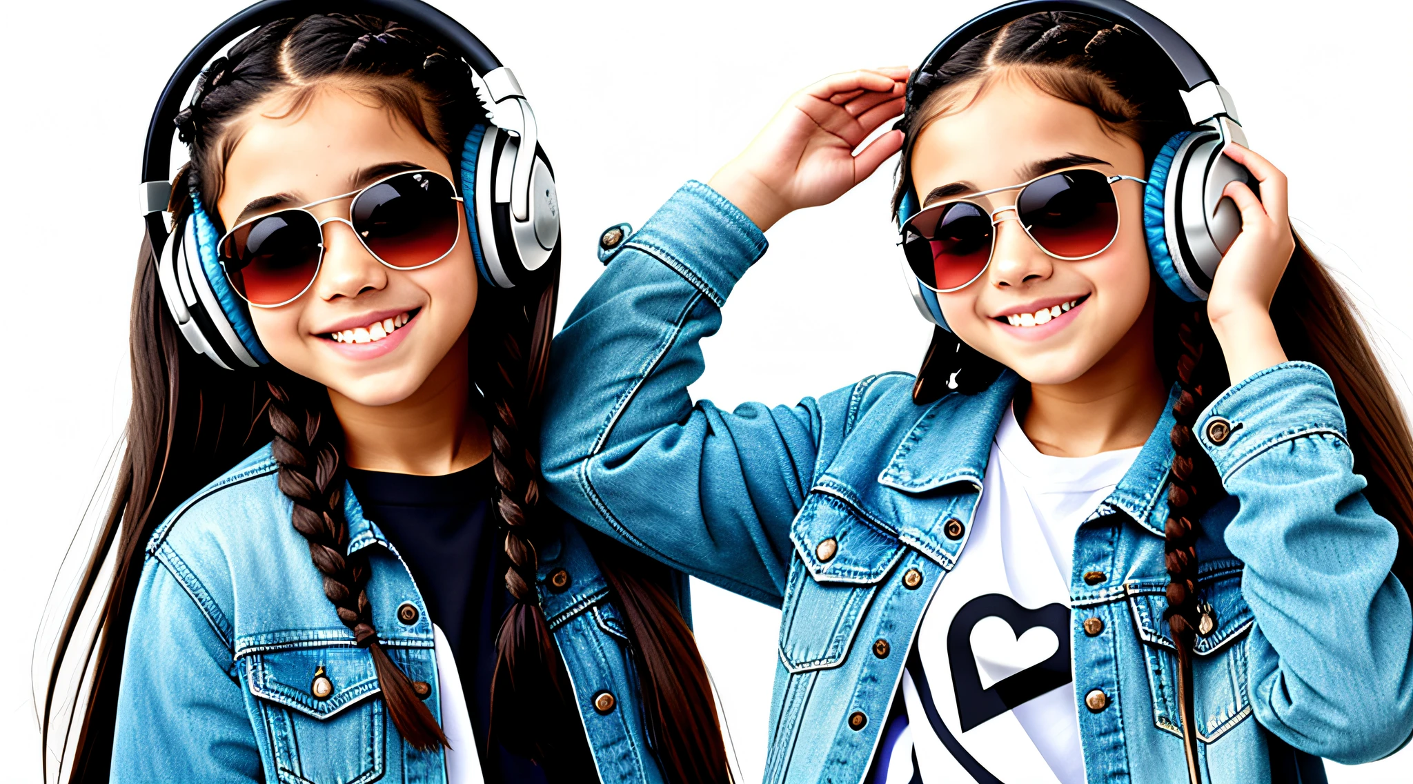 girl 12 years old, long dark hair of braids,portrait, with headphones and sunglasses, smiling and holding hands up, SILVER LEATHER JACKET, girl wearing headphones, listening to music, wearing headphones, with headphones, with headphones, wearing a headset, vibrating with music, listening to pious music, Using headphone jack, using headset for gaming, tinnitus, high quality portrait, headphones on, , digital art H 9 6 0,, (white background: 1.3).
