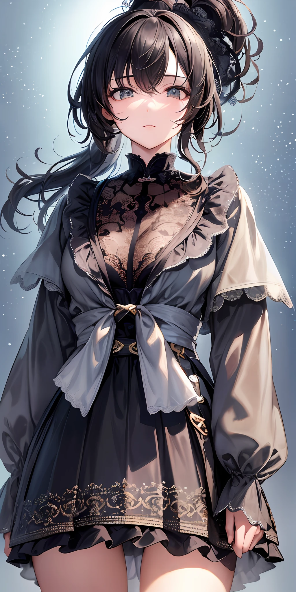 (masterpiece), (best quality), (very detailed), (shaggy hair), (illustration), (1girl), (fashionable clothes), standing, full body, mannequin, looking at scenes, (interview), (simple background), beautiful detailed eyes, delicate beautiful face, floating, (high saturation), (colored spots), colored bubble, (bright), face focus, ponytail, short black hair, bangs, hair loop, background blurry, ( bright), better lighting, best shade,