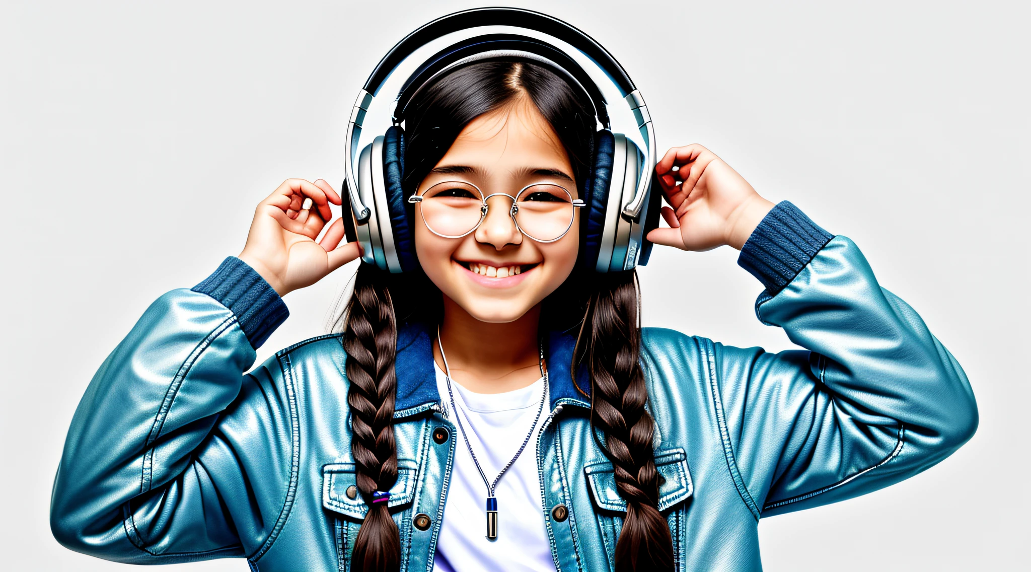 girl 12 years old, long dark hair of braids,portrait, with headphones and sunglasses, smiling and holding hands up, SILVER LEATHER JACKET, girl wearing headphones, listening to music, wearing headphones, with headphones, with headphones, wearing a headset, vibrating with music, listening to pious music, Using headphone jack, using headset for gaming, tinnitus, high quality portrait, headphones on, , digital art H 9 6 0,, (white background: 1.3).