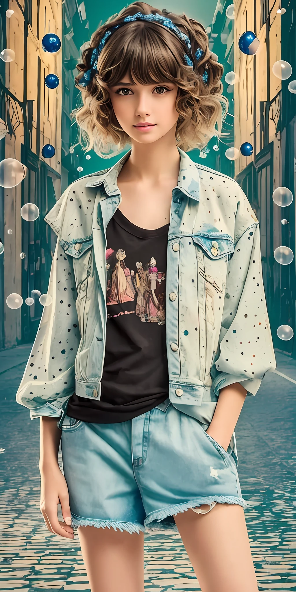 (masterpiece), (best quality), (very detailed), (shaggy hair), (illustration), (1girl), (fashionable clothes), standing, full body, mannequin, looking at scenes, (interview), (simple background), beautiful detailed eyes, delicate beautiful face, floating, (high saturation), (colored spots), colored bubble, (bright), face focus, ponytail, short black hair, bangs, hair loop, background blurry, ( bright), better lighting, best shade,