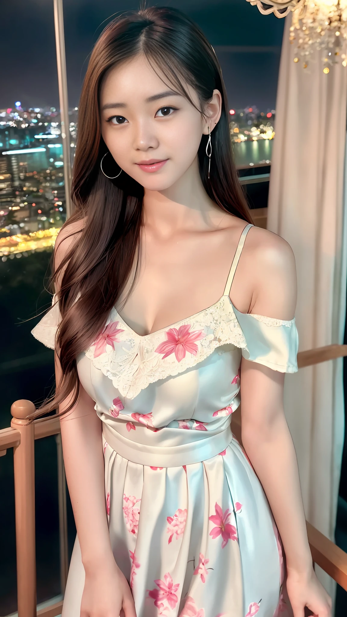 Smiling minchen, mouth closed, balanced eyes, (Best Quality Detail: 1.2), Realistic, 8K HD, Ultra-detailed, High Quality Texture, Intricate Detail, Detailed Texture, Fine Detail, High Detail, Very Detailed CG, Delicate Beautiful Delicate Face, (Delicate Beautiful Delicate Eyes: 1.32), Very Bright Lighting, Ray Tracing, (A Beautiful 25-Year-Old Cute Japanese Lady: 1), Proud, Tall Feminine, Beautiful Legs, Glowing Eyes, Blush, Very White Skin, Perfect Body Petite, Silver Tight Bra, [Brown Skirt]: 1, Stockings and suspenders: 1.2, long hair, short pink skirt, comfortable living room, sun, hands open, earrings, necklace, model, looking at the audience, standing pose, from the side, dynamic pose, front