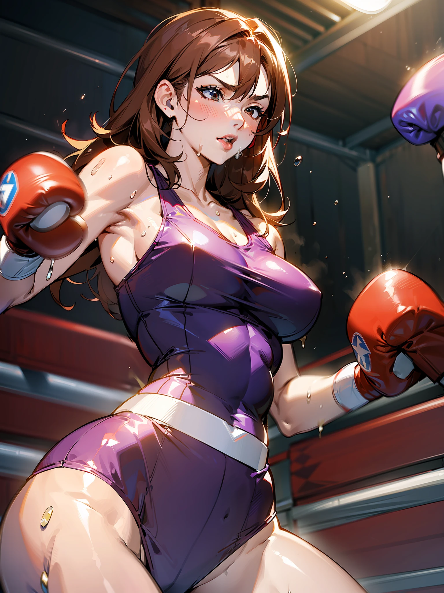 Mature woman boxer, reddish brown hair, long hair, sexy lips, celebrity, purple leotard, red lip, ((boxing gloves)), brown skin, two women, absent-minded, ((being punched by another dark-haired woman)), ((belly punch))), sweat and saliva all over the body, inferiority, on the verge of fainting, steam, (boxing ring without spectators), (((boxing play)), body blow