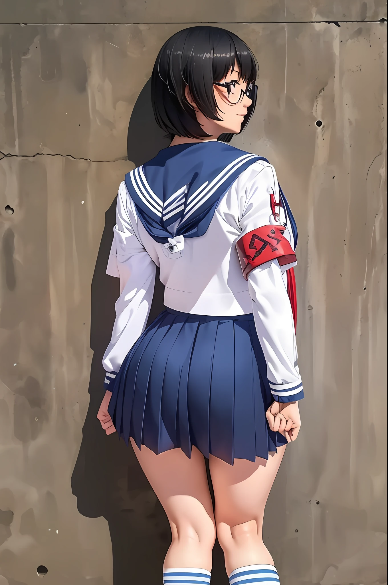 Suzuka, girl, short black hair, face, glasses, atarashii gakko leaders, sleeved sailor school uniform, red armband, white/blue shirt, and blue skirt, legs, white/blue high knee socks, shoes, sexy legs, view from behind, panty line view, standing, firm ass, posing against the wall