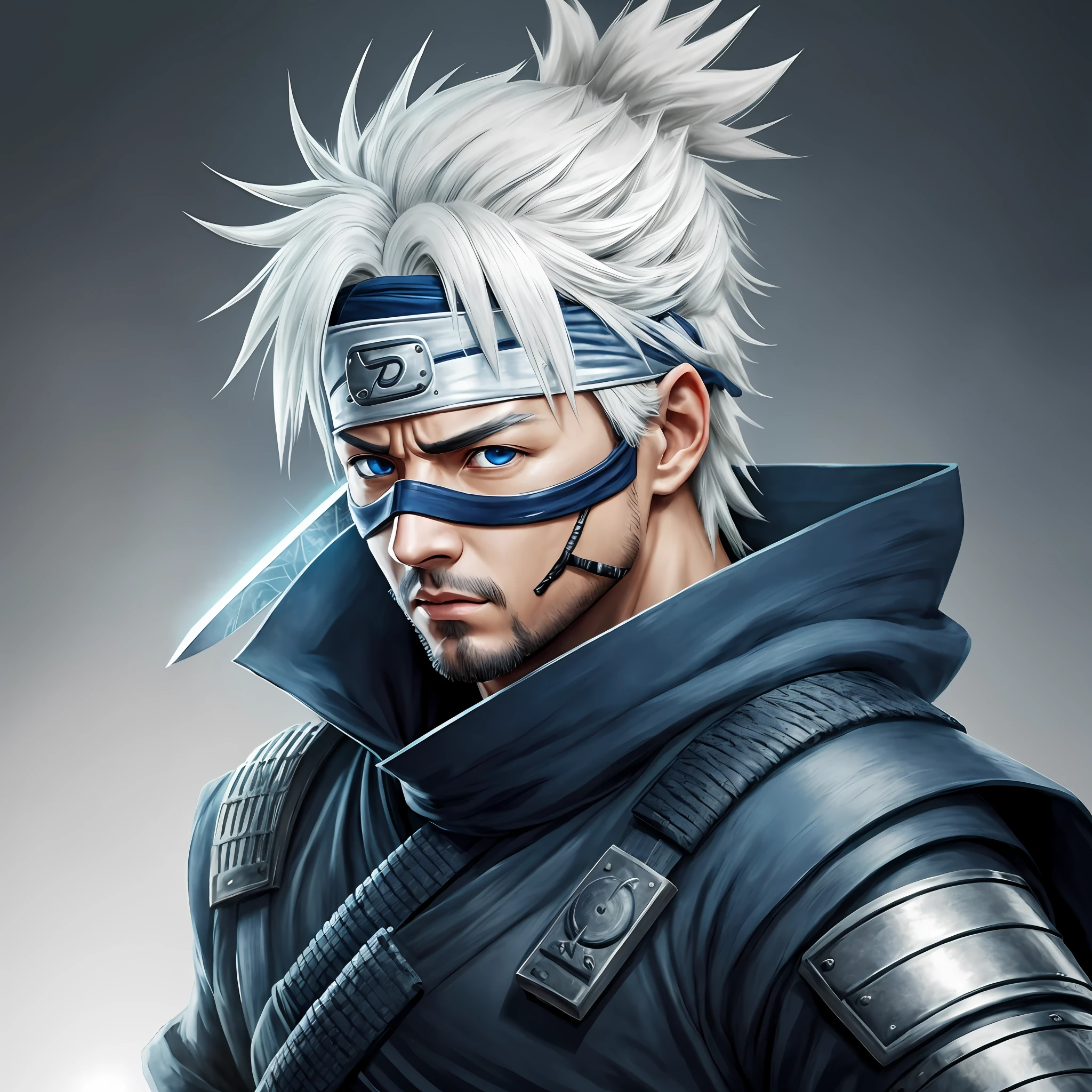 Kakashi hatake, staring into the camera, holding a samurai sword, blue eyes