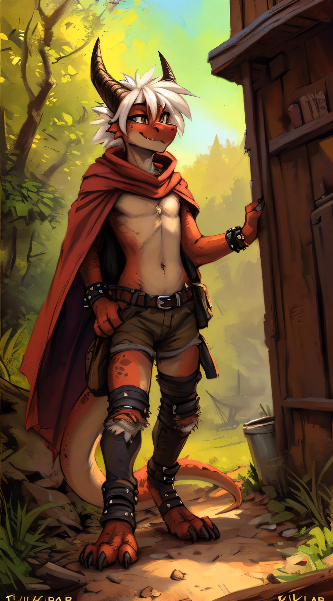 (((by fluff-kevlar, by Zackary911, by Kenket, by Kilinah))), a running ((Kobold)), (detailed Kobold)) wearing a long cloak, muscular abs, Kobold black horns, Kobold tail, messy white hair, orange thigh highs, shirtless, pant-less, front view, looking at the observer with an embarrassed smile, blush, , perspective, finely detailed paws, punk style, adventure backpack,