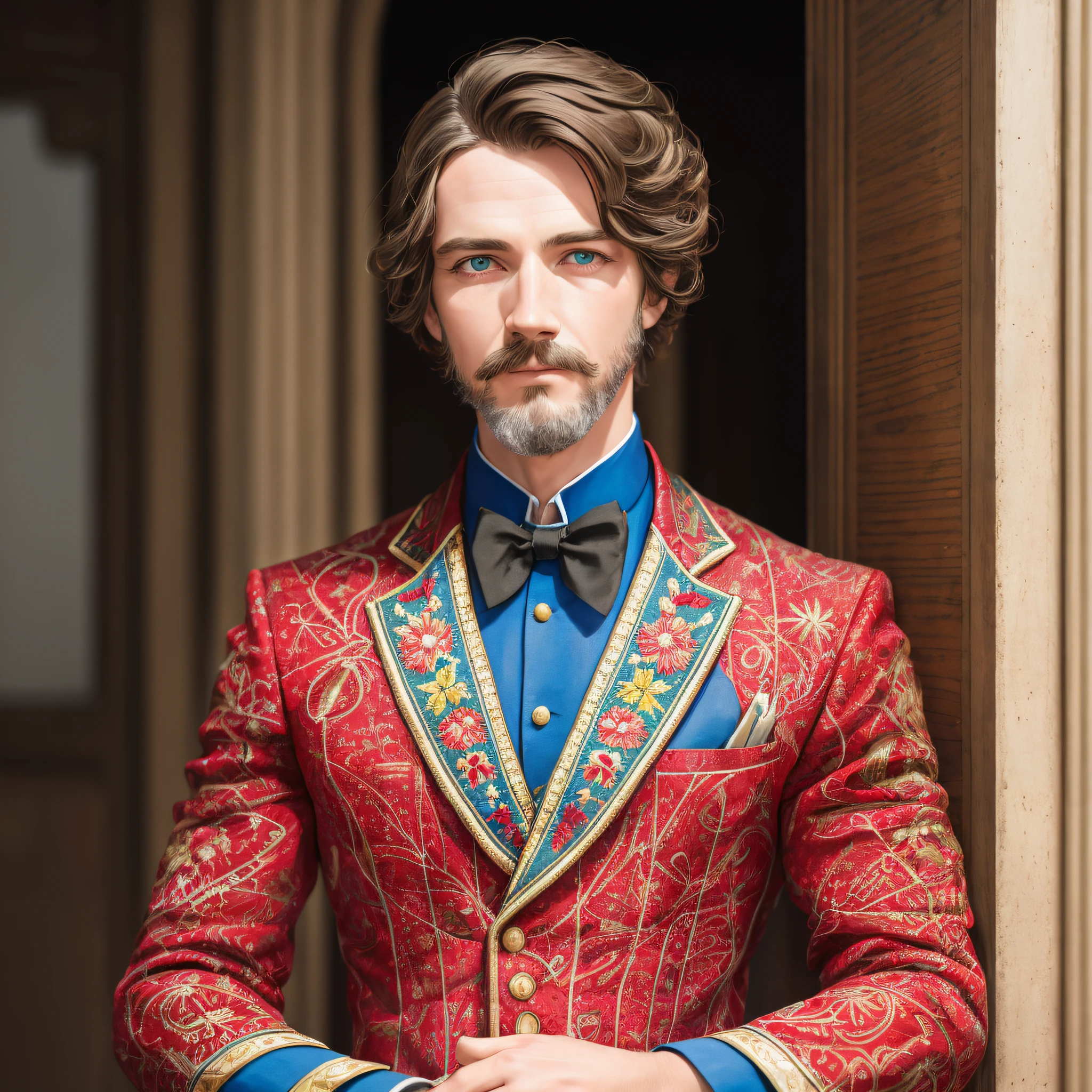 aSA Griggs Candler, man, in embroidered coke suit, half body, front body, with piercing eyes, detailed face, high details, natural light, Nikon D850, 50mm, f/1.4 --auto --s2