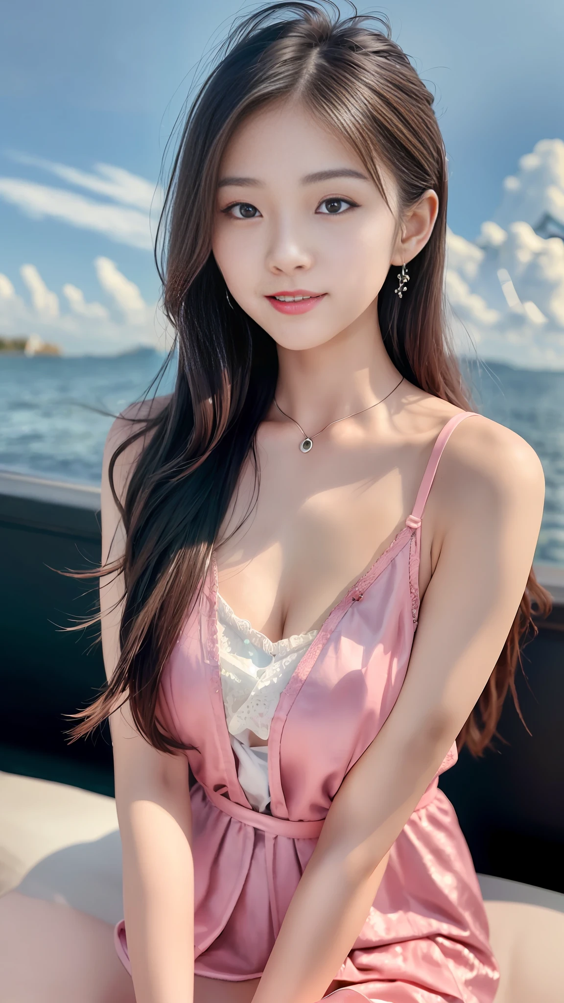 Smiling minchen, mouth closed, balanced eyes, (Best Quality Detail: 1.2), Realistic, 8K HD, Ultra-detailed, High Quality Texture, Intricate Detail, Detailed Texture, Fine Detail, High Detail, Very Detailed CG, Delicate Beautiful Delicate Face, (Delicate Beautiful Delicate Eyes: 1.32), Very Bright Lighting, Ray Tracing, (A Beautiful 25-Year-Old Cute Japanese Lady: 1), Proud, Tall Feminine, Beautiful Legs, Glowing Eyes, Blush, Very White Skin, Perfect Body Petite, Silver Tight Bra, [Brown Skirt]: 1, Stockings and suspenders: 1.2, long hair, short pink skirt, comfortable living room, sun, hands open, earrings, necklace, model, looking at the audience, standing pose, from the side, dynamic pose, front