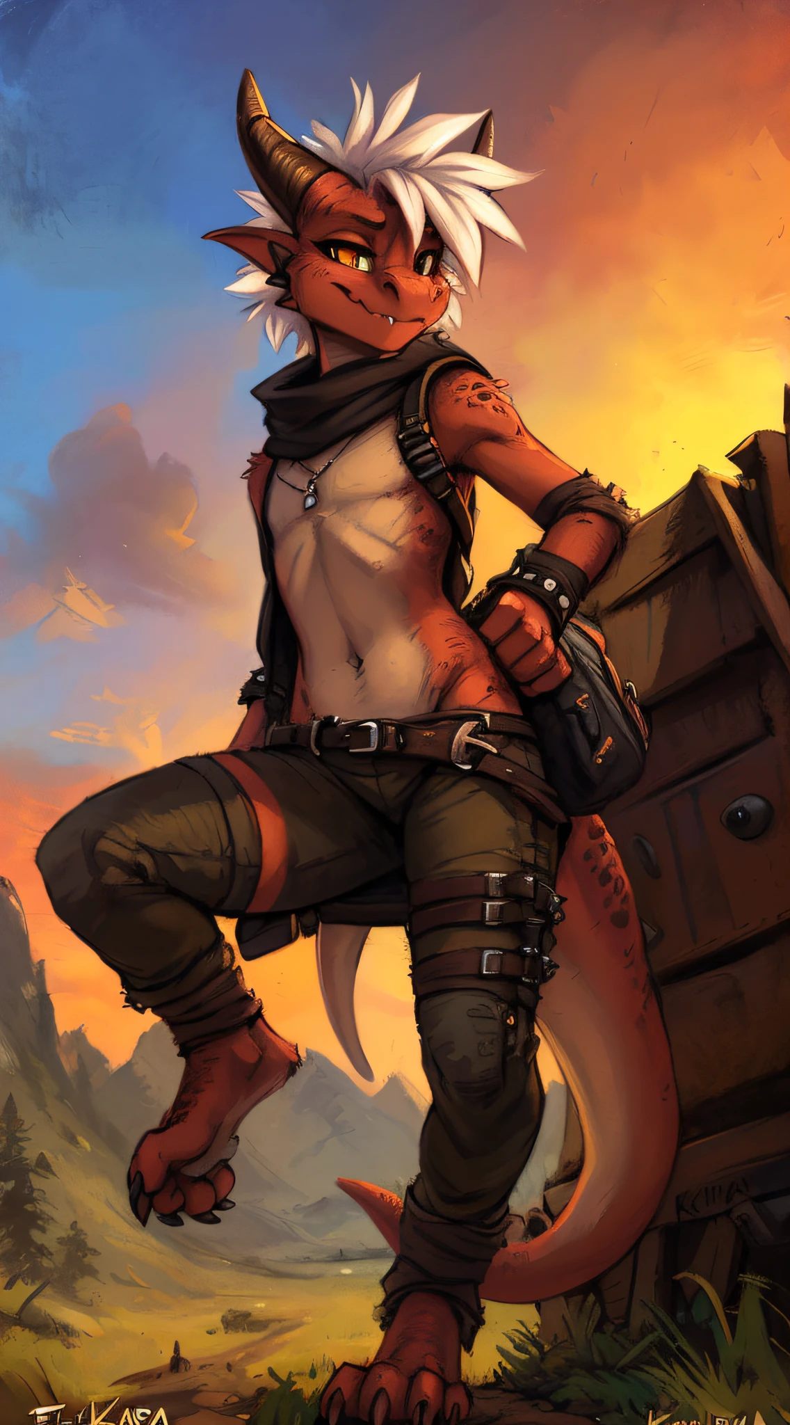 (((by fluff-kevlar, by Zackary911, by Kenket, by Kilinah))), a running ((Kobold)), (detailed Kobold)) wearing a long cloak, muscular abs, Kobold black horns, Kobold tail, messy white hair, orange thigh highs, shirtless, pant-less, front view, looking at the observer with an embarrassed smile, blush, , perspective, finely detailed paws, punk style, adventure backpack,