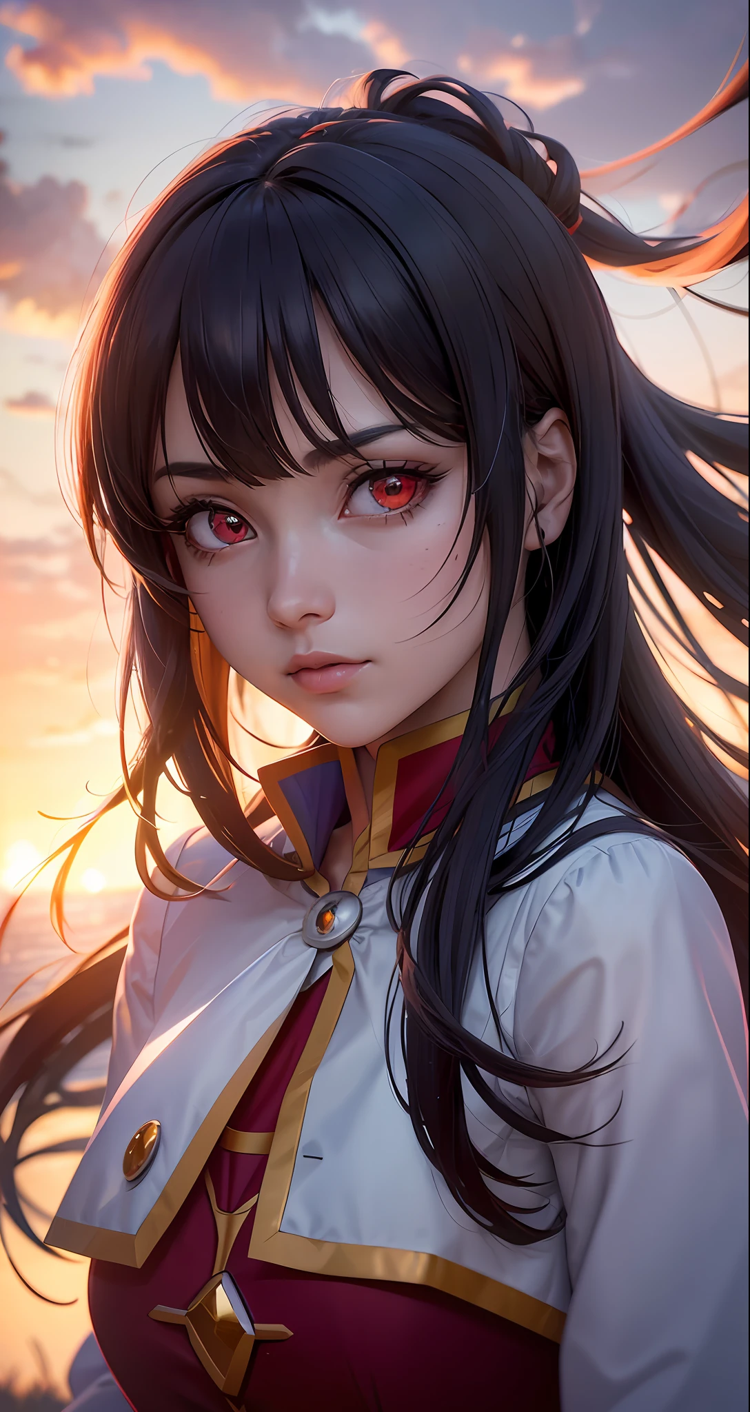 masterpiece, best quality, movie yet, 1girl, cloud girl, floating in the sky, close-up, bright, happy, soft and warm lighting, sunset, (sparks: 0.7),(detailed bright eyes: 1.5), check reviews,(RAW photo:1.2),(photorealistic:1.6),(masterpiece:1.3),(best quality:1.4), HI-RES, HDR,(near vision), (beautiful face: 1.9), (detailed face: 1.6), (Megumin appearance of Konosuba),(red eye color), (Iris detailed),(Iris ruby red color)