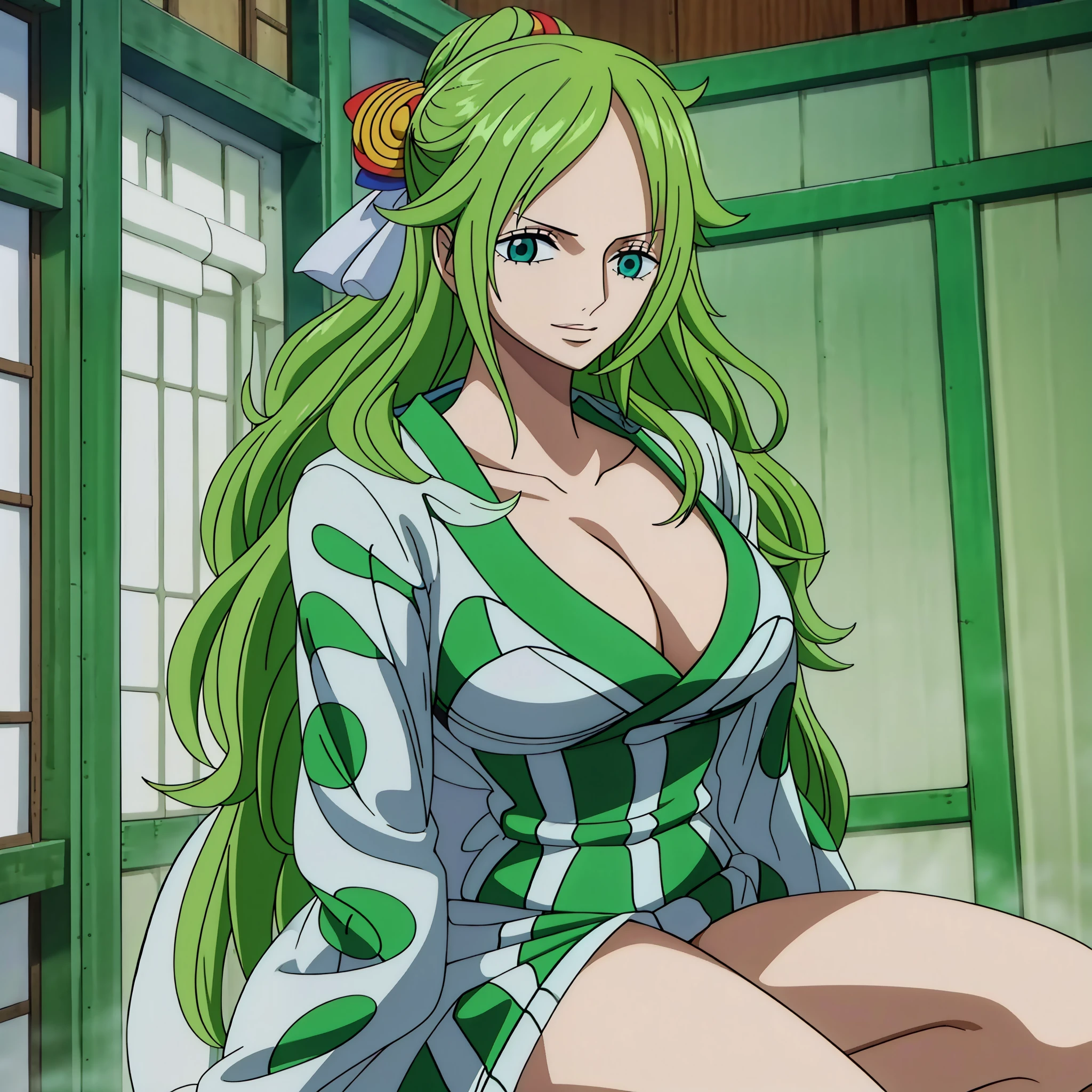 monet, Wanostyle, 1girl, green hair, green jacket, blue eyes, breasts, neckline, collarbone, hair ribbon, jacket, jacket on the shoulders, Japanese clothes, kimono, large breasts, lips, long hair, looking at the viewer, obi, lips half-open, printed jacket, printed kimono, solo, thighs, indoors, white kimono, ((masterpiece))