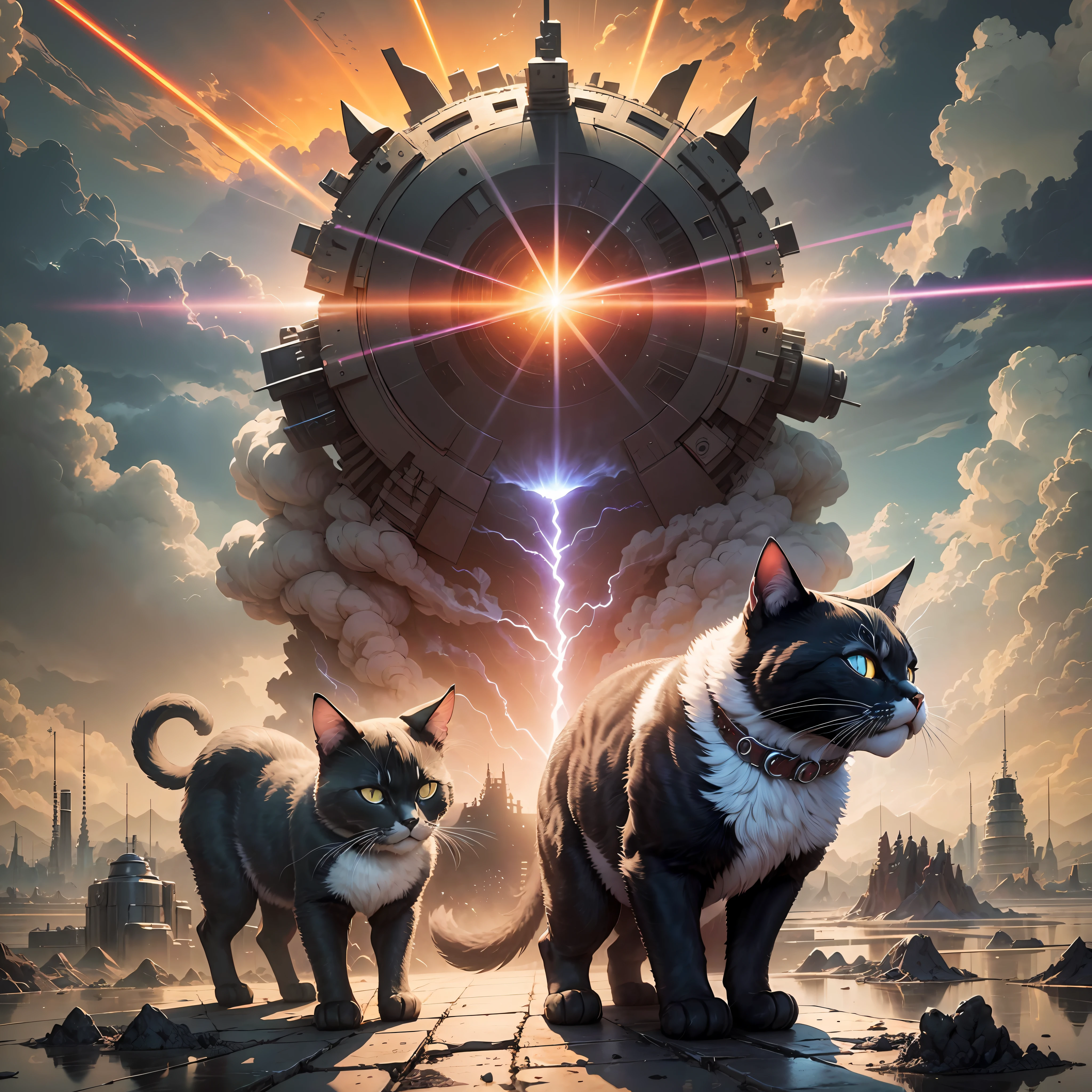 A black cat with a man's body, a futuristic world where the humonous being was instinct, had a nuclear war and the feline race dominated the world, image in high revolution, arid terrain with water scares, bodies lying on the ground torn apart and with blood, three-dimensional energy rays coming out of the clouds. --auto --s2